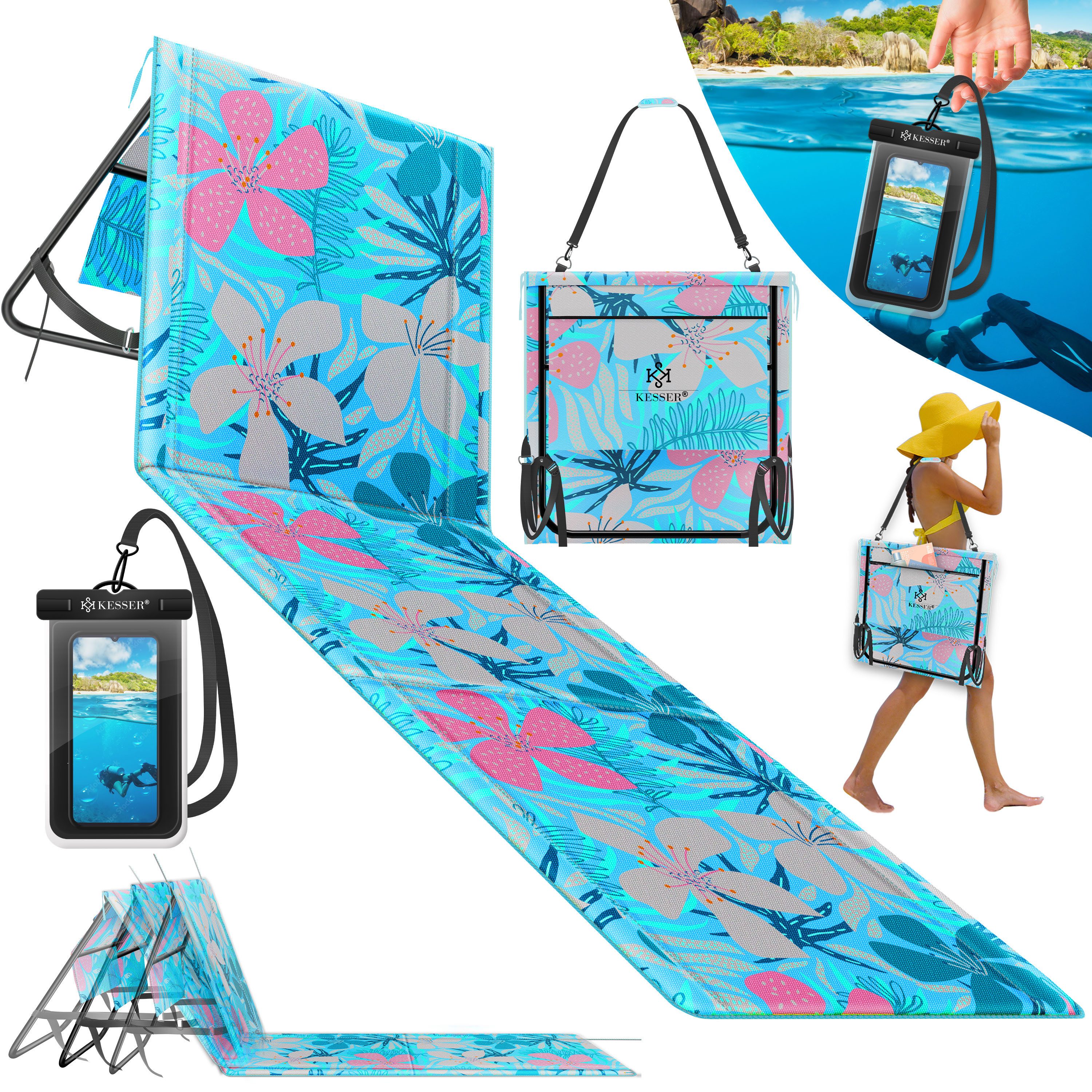 KESSER Gartenliege Strandmatte klappbar mit verstellbarer Rückenlehne max. 130 kg, 1 St., Strandliege mit Tragegurt, wasserdichter Handyhülle & Tragetasche, Sonnenliege faltbar für Strand, Garten & Terrasse Liegematte