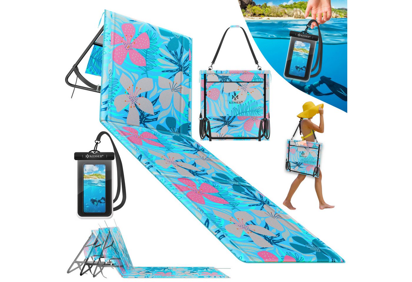 KESSER Gartenliege Strandmatte klappbar mit verstellbarer Rückenlehne max. 130 kg, 1 St., Strandliege mit Tragegurt, wasserdichter Handyhülle & Tragetasche, Sonnenliege faltbar für Strand, Garten & Terrasse Liegematte
