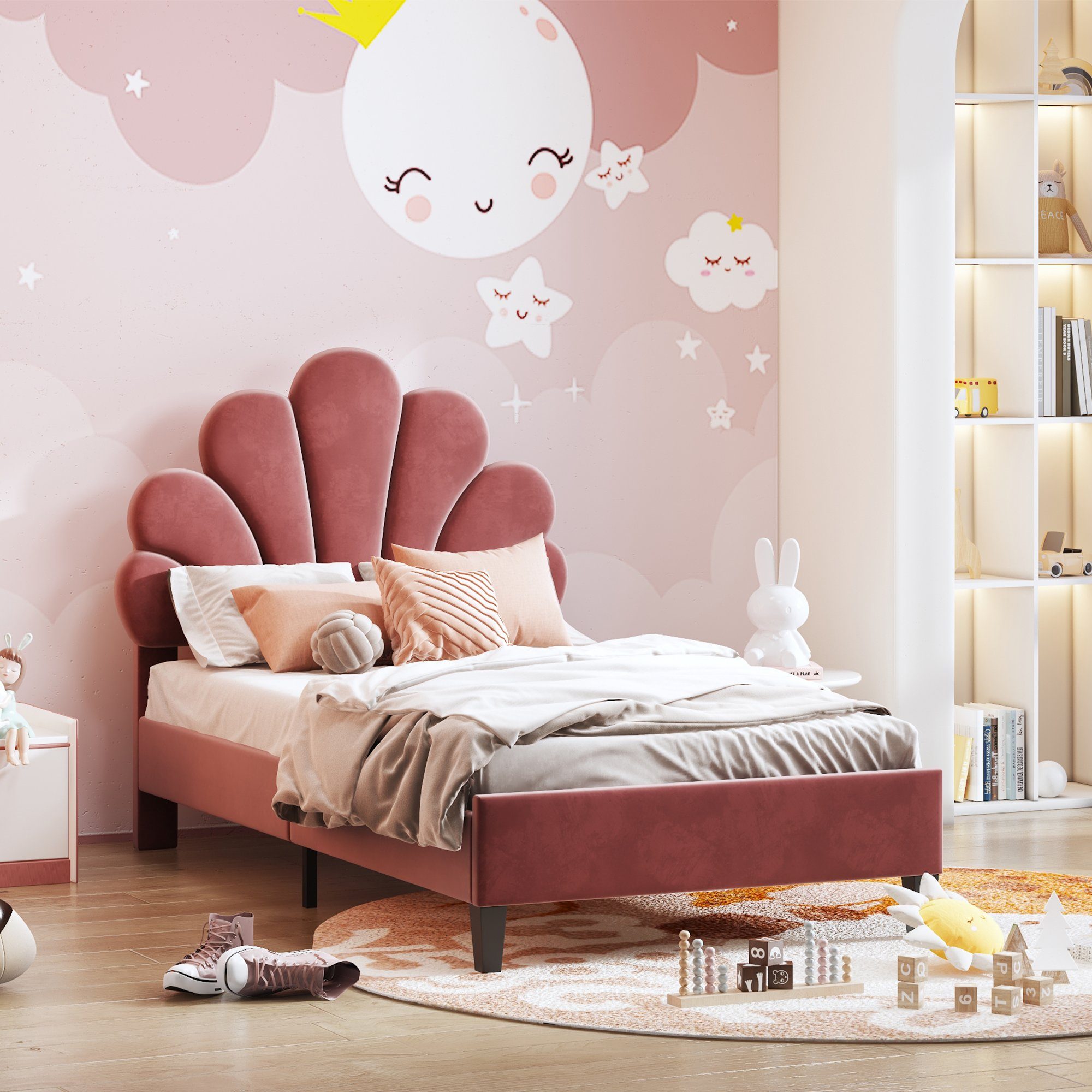 Flieks Polsterbett, Einzelbett Kinderbett Blumenform-Kopfteil Samt günstig online kaufen
