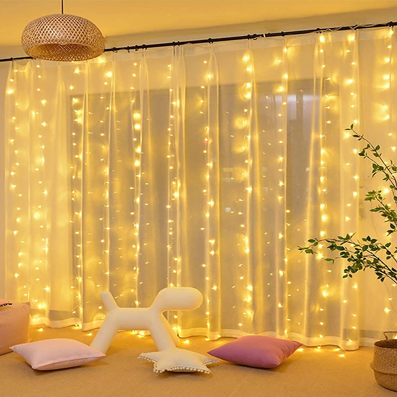 Rosnek LED-Lichterkette 3x3M, 10 Stränge, Speicherfunktion, Timer, für Vorhang Fenster Deko, 300-flammig, 8 Modi, Timer, Wasserdicht, für Schlafzimmer Weihnachten Terrasse