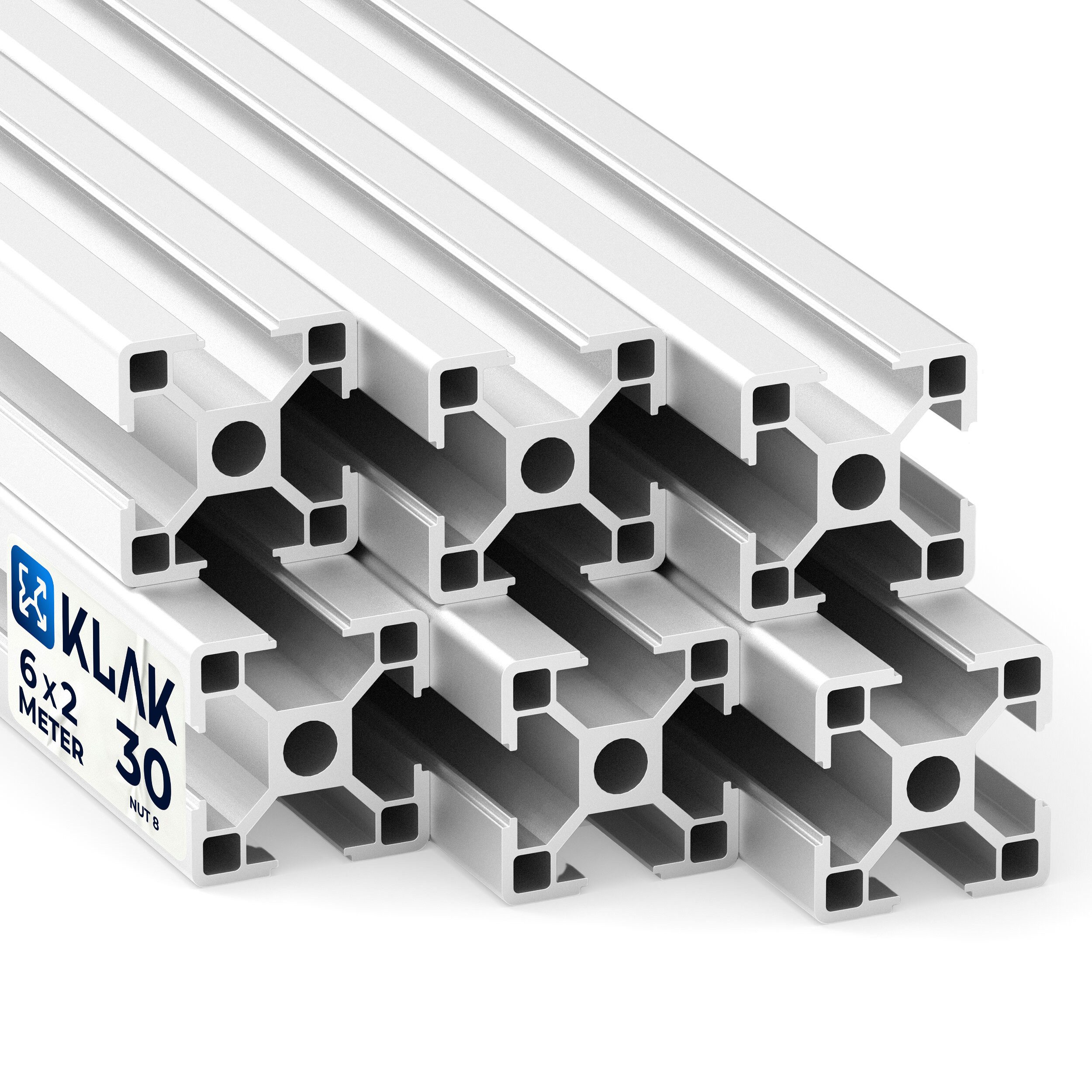 KLAK Profil KLAK 30 - 6x Aluprofil 30x30mm 2m System-, Montageprofil Typ-I Nut 8 (Set)
