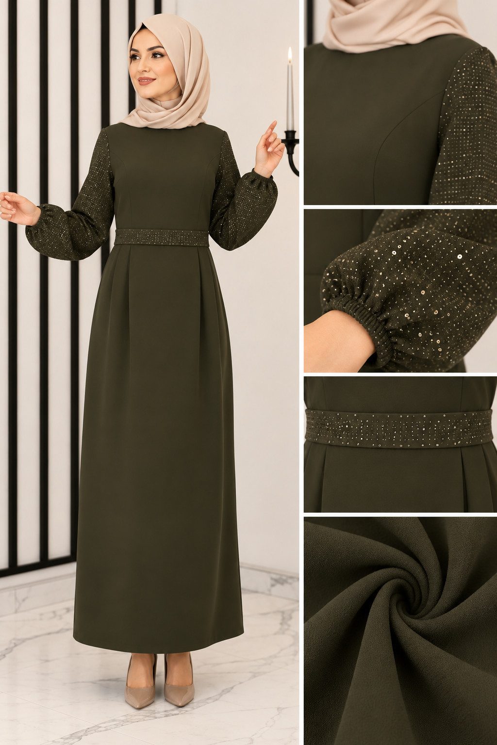 fashionshowcase Maxikleid Damen festlich A-Linie Krepp mit Pailletten Ärmeln gefüttert lang festlicher Look, Taillendetail, gefüttert, fällt 1 Größe kleiner aus – Bild 4 von 5