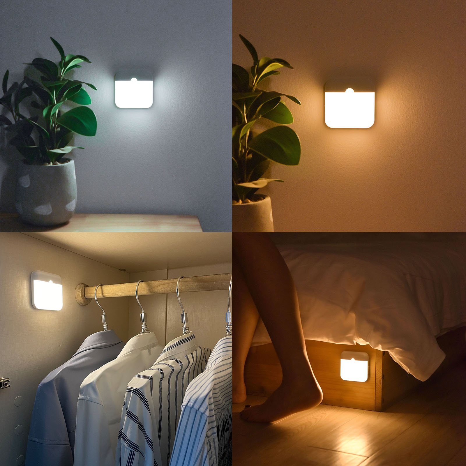 Bewegungsmelder,LED (Warmweiß MUPOO 3 LED Wiederaufladbar, Lichtfarbe Modi, 1/3/6 Nachtlicht USB umschaltbar) Weiß Kinder, Nachtlicht Treppenbeleuchtung, mit Stück Nachtlicht Duale und
