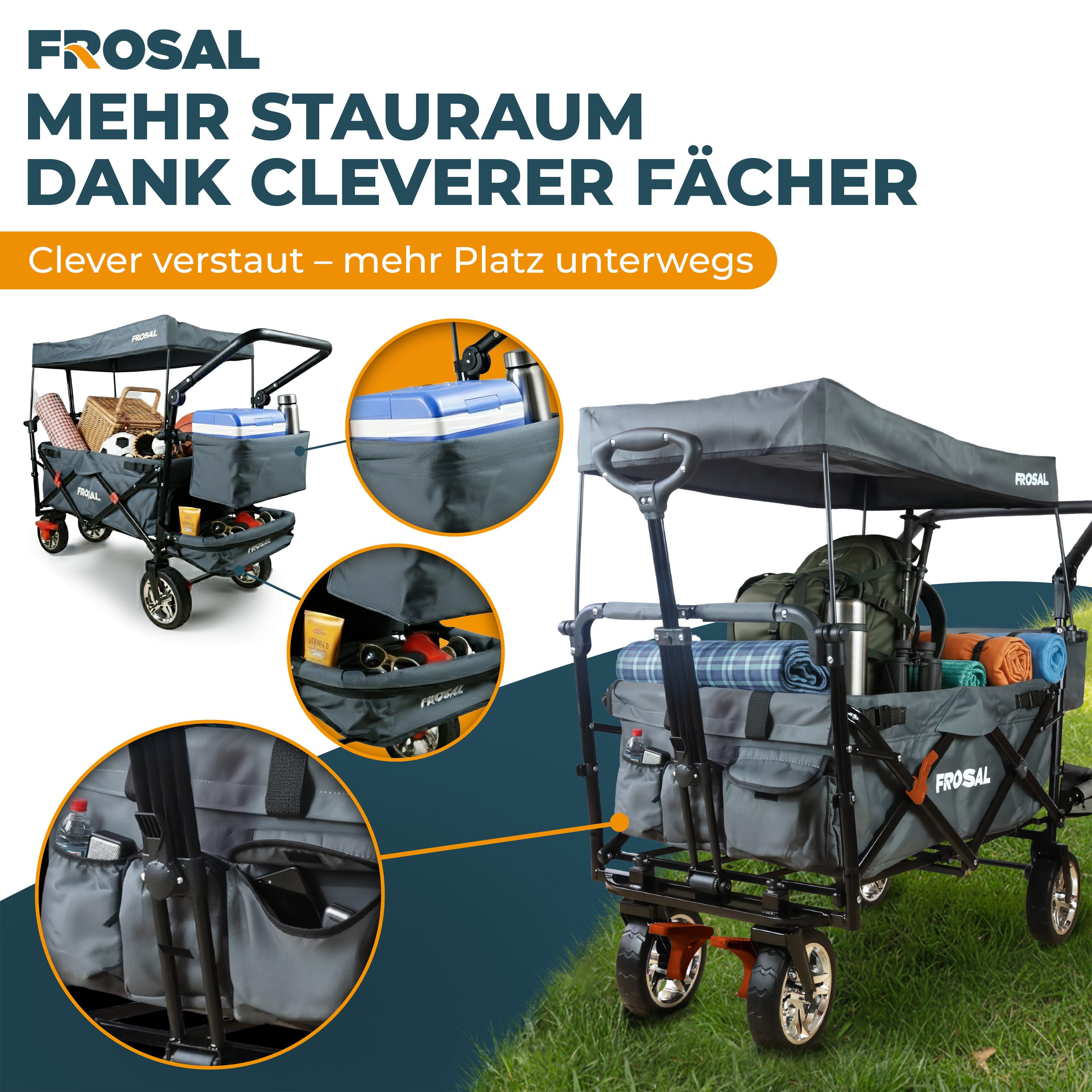 Frosal Bollerwagen Leo mit Sonnendach und Stauraumerweiterung faltbar, grau faltbar