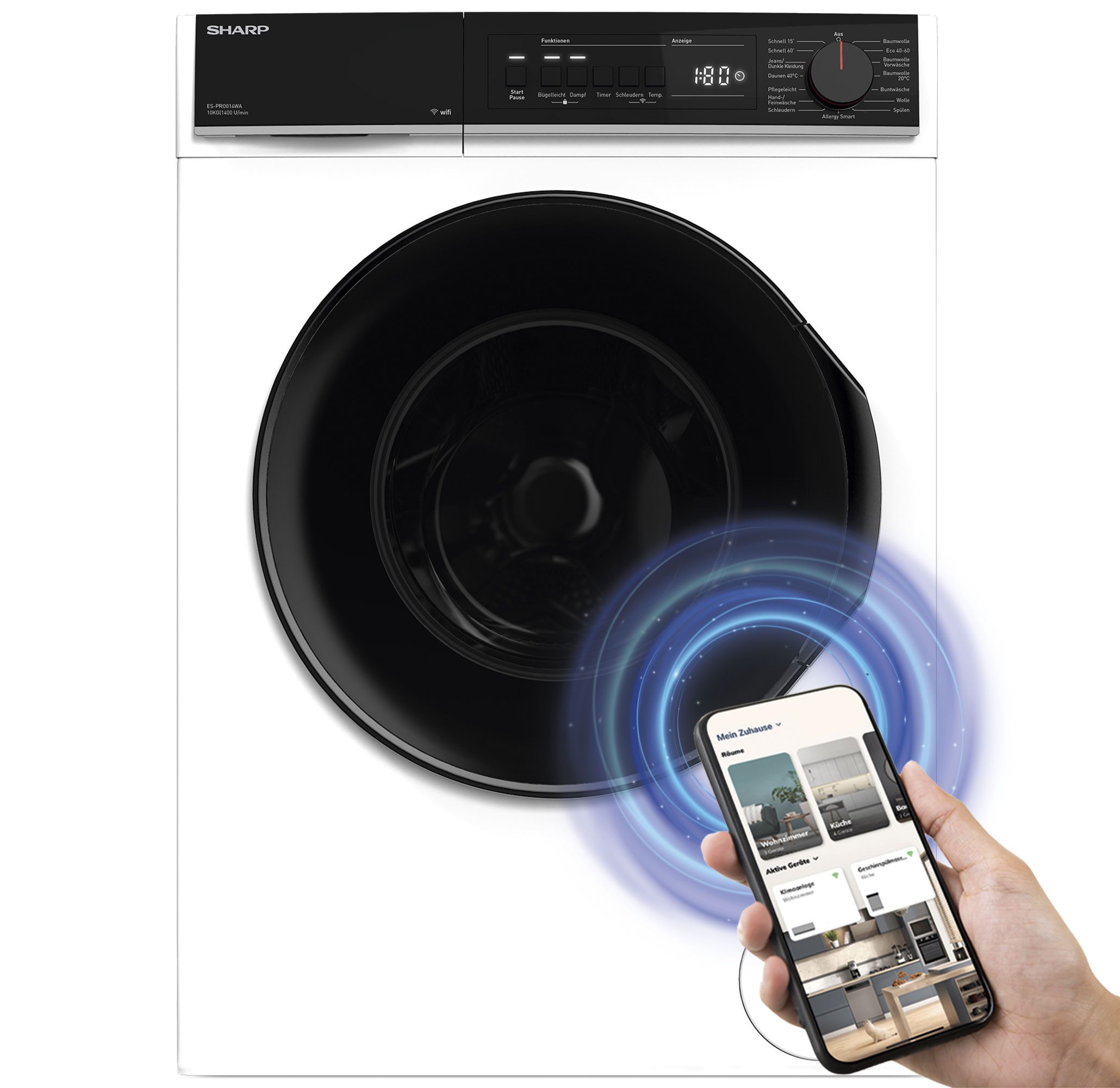 Sharp Waschmaschine ES-PRO014WA-DE, 10 kg, 1400 U/min, Schaumschutz, WaveCabinet, Einfaches Bügeln, WIFI App Steuerbar