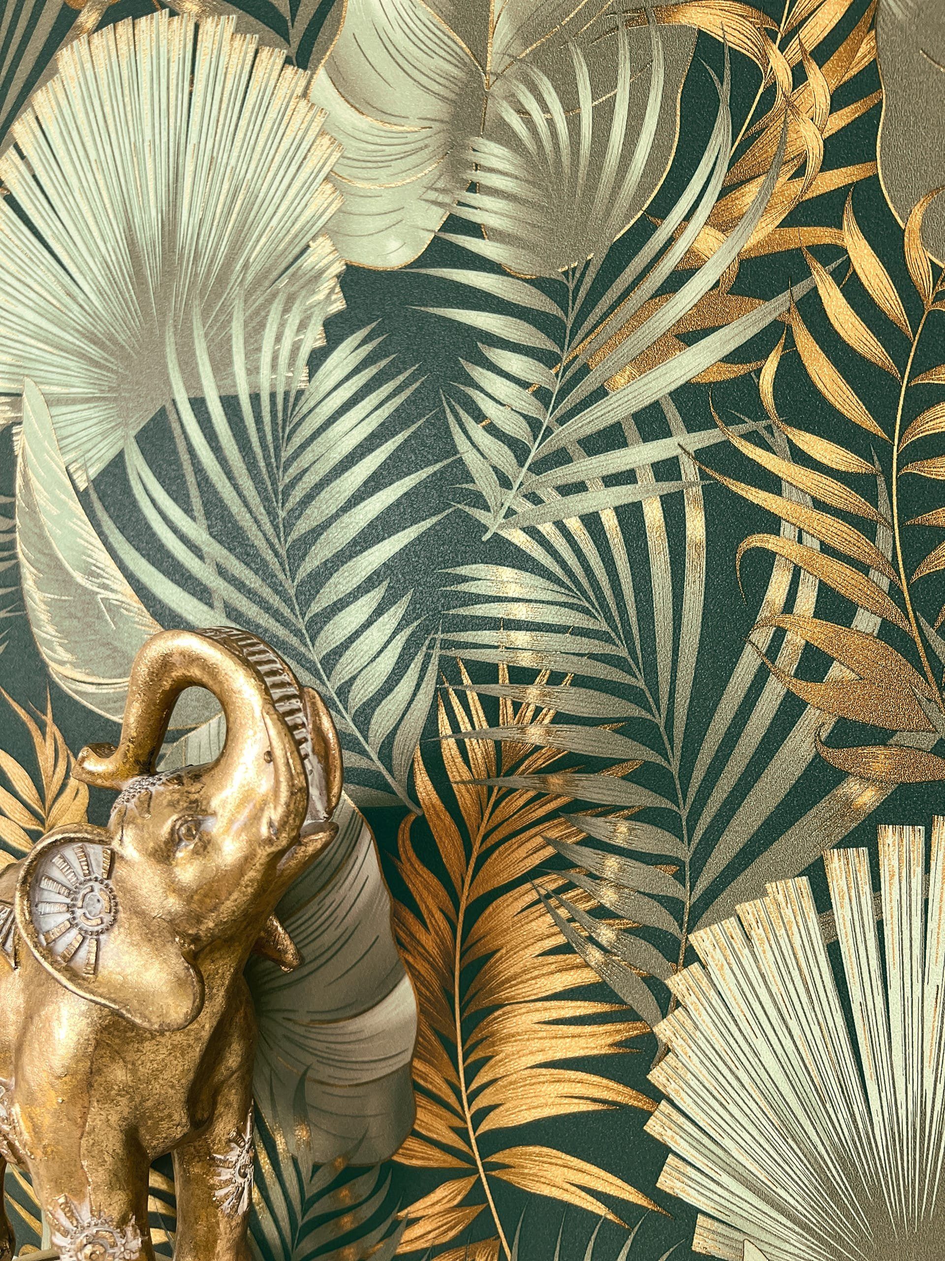 Newroom Vliestapete, Grün Tapete Modern Dschungel - Dschungeltapete Palmen Gold Metallic Tropisch Floral Blätter Palmenblätter für Wohnzimmer Schlafzimmer Küche