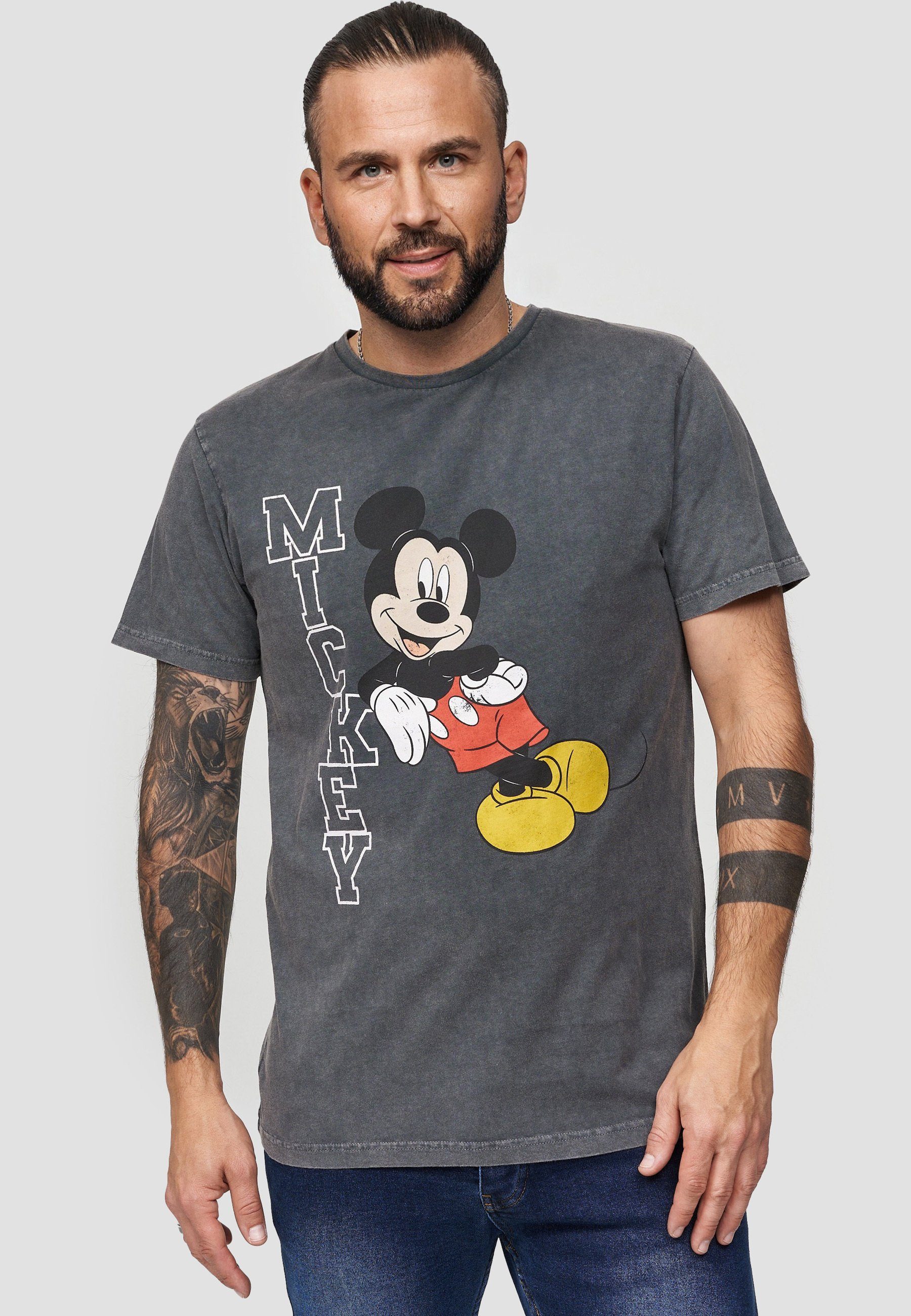 Recovered T-Shirt Disney Mickey Leaning GOTS zertifizierte Bio-Baumwolle dunkelgrau