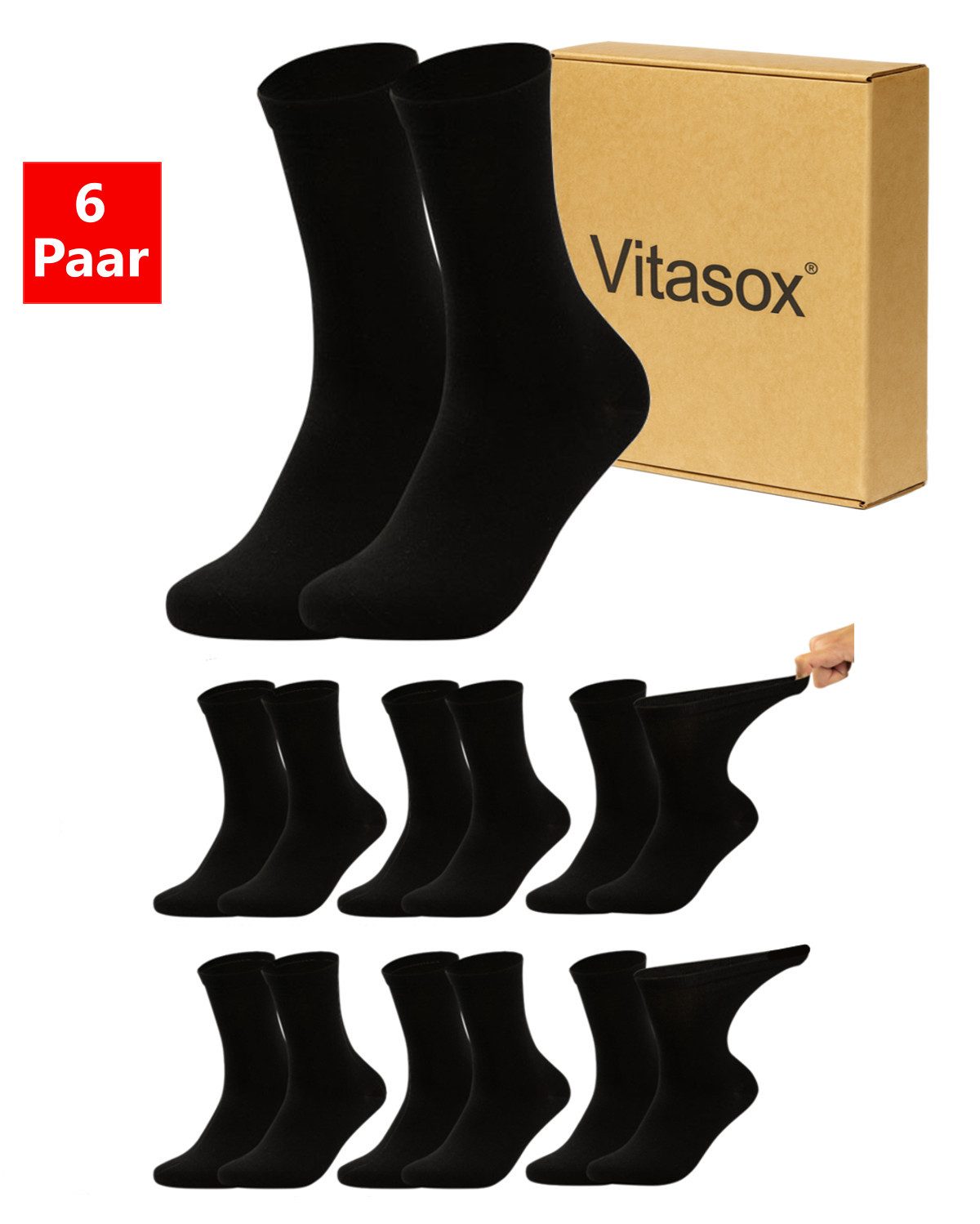 Vitasox Diabetikersocken für Damen - Gesundheitsstrümpfe ohne Einschneiden und Abdrücken (6-Paar) mit weichem und dehnbarem Komfortbund ohne Gummi