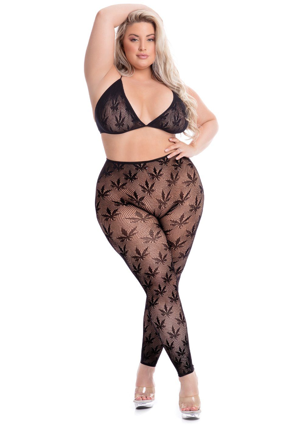 Pink Lipstick Lingerie Top & Leggings Plus Size Set: BH und Leggings mit Hanfblatt-Muster - schwarz schwarz