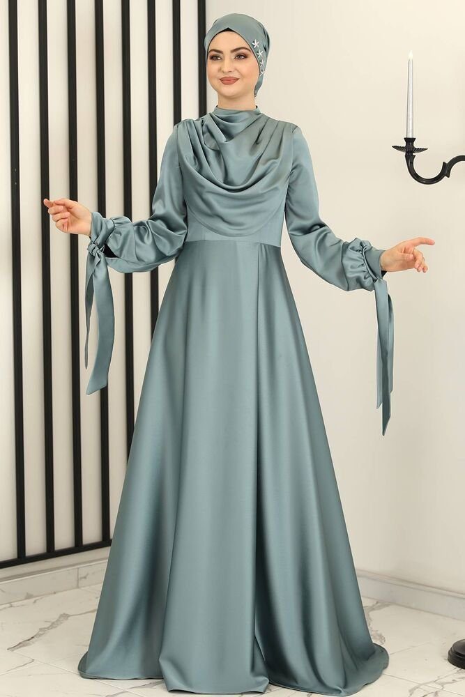 Modavitrini Satinkleid Damen Abendkleid Modest Hijab Fashion Abiye Kleid Abaya Minze