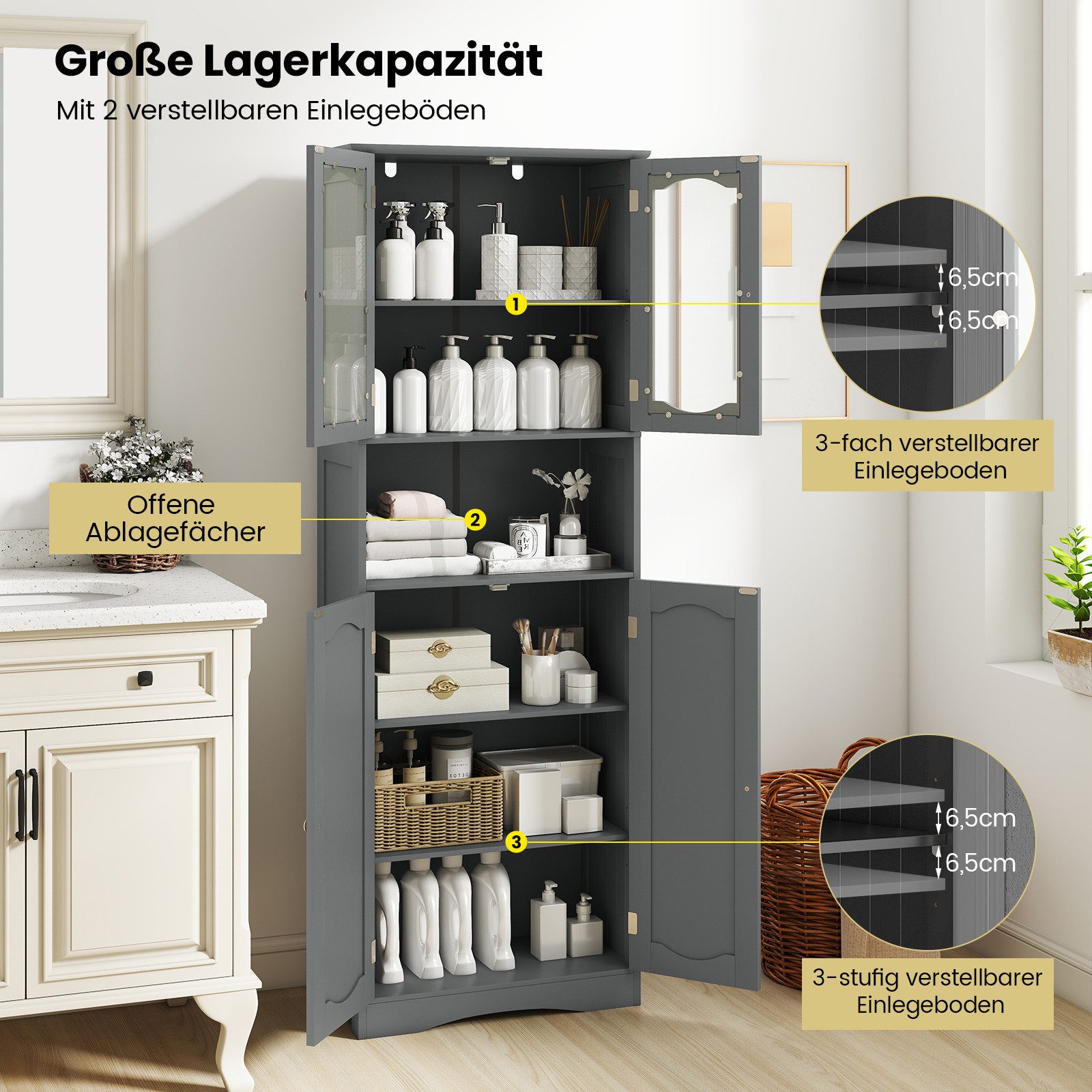 COSTWAY Hochschrank Küche, Badezimmerschrank, mit 4 Türen & Fach, Weiß