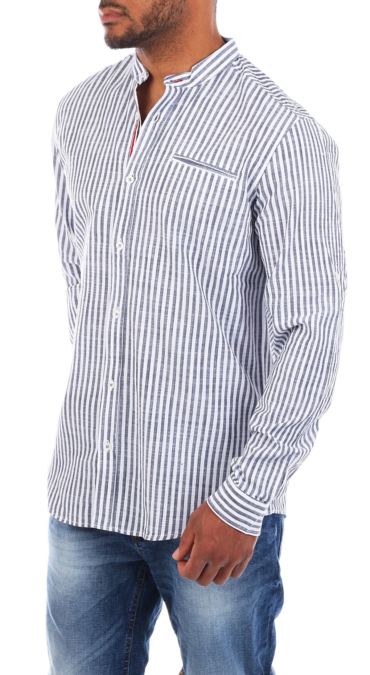 CARISMA Langarmhemd Herren Baumwoll Leinen Mix Hemd 8455 Regular Langarm Stehkragen Gestreift – Bild 3 von 4