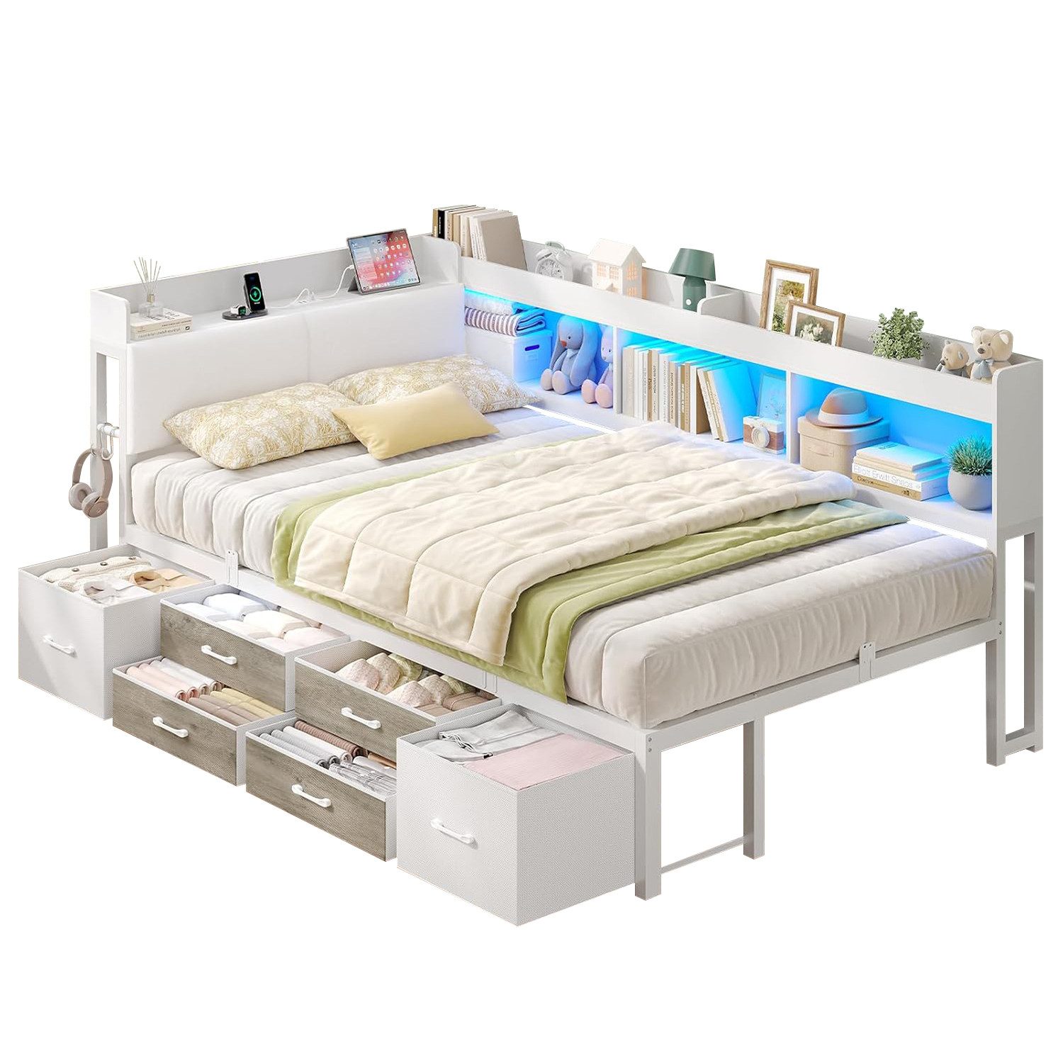 MSMASK Daybett Tagesbett Schlafsofa mit LED-Beleuchtung & Ladestation, Jugendbett mit 6 Staufächern und 6 Schubladen – Liegefläche 90x200 cm