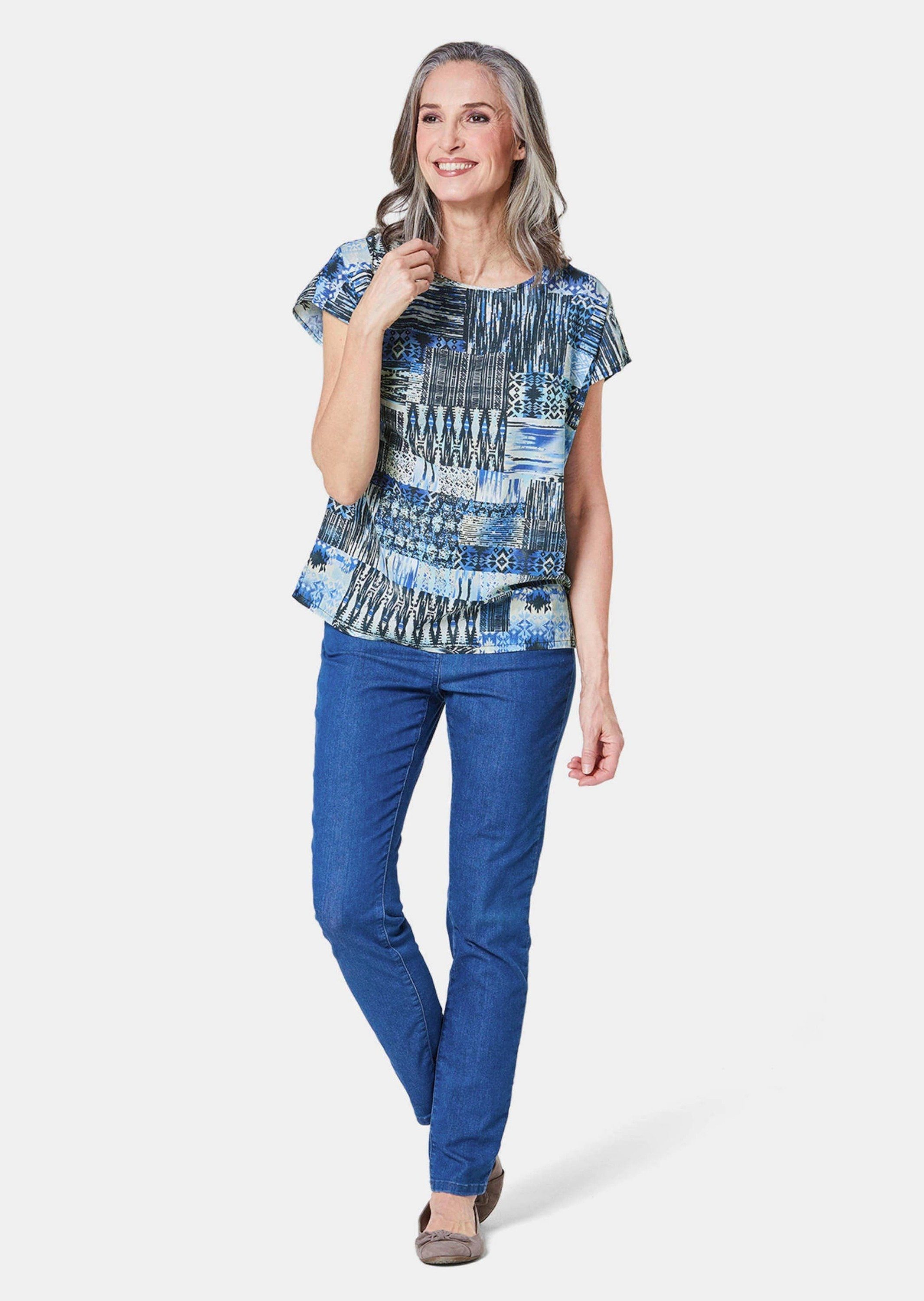 reiner Baumwolle aus / gemustert GOLDNER Druckbluse Ultraleichte jeansblau Druckbluse