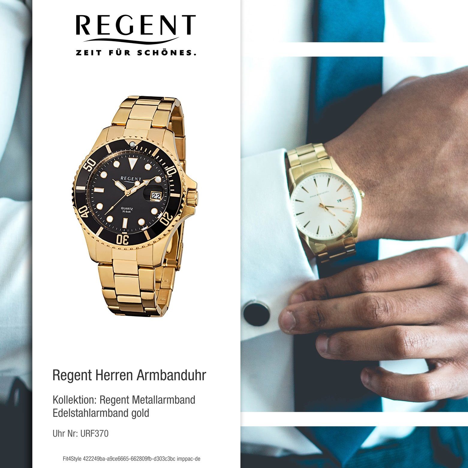 ionenplattiert Herren-Armbanduhr groß gold F-370, 40mm), rund, (ca. Regent Edelstahl, Armbanduhr Herren Analog Quarzuhr Regent