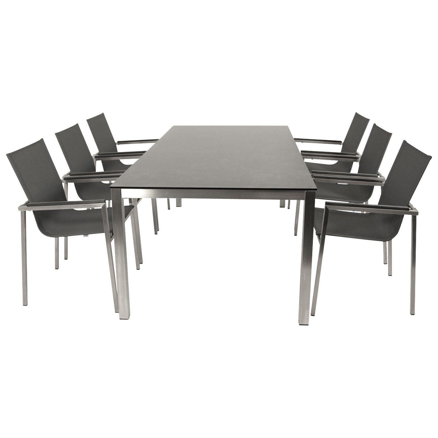 DEGAMO Garten-Essgruppe MELBOURNE Edelstahl, (7-tlg., 6x Stapelsessel, 1x Tisch 200x100cm), Oberfläche gebürstet, Tischplatte Keramikoptik, wetterfest