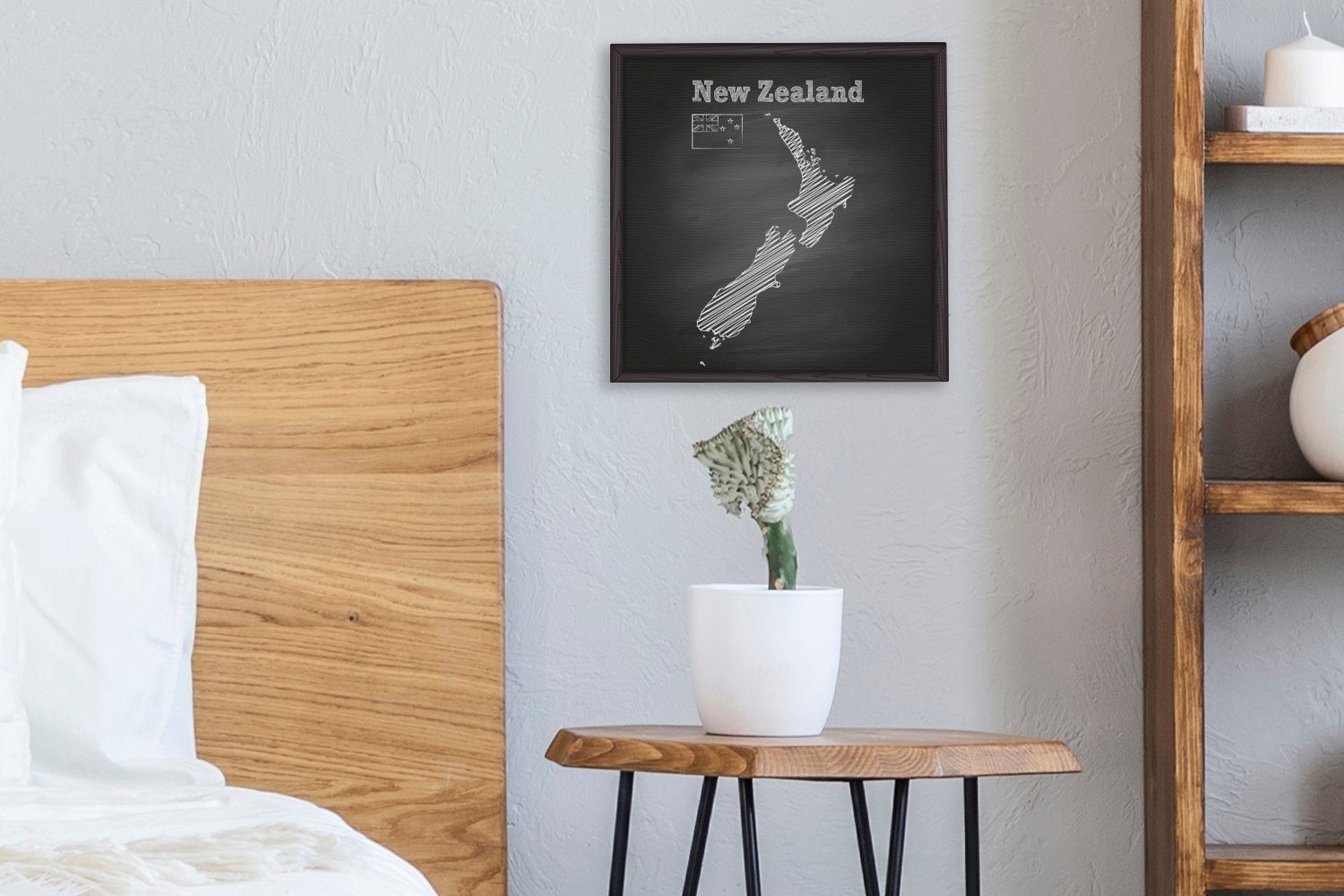 OneMillionCanvasses® Leinwandbild Eine St), von Bilder einer Schlafzimmer Leinwand (1 Wohnzimmer Kreidekarte für Neuseeland, schwarzen Illustration