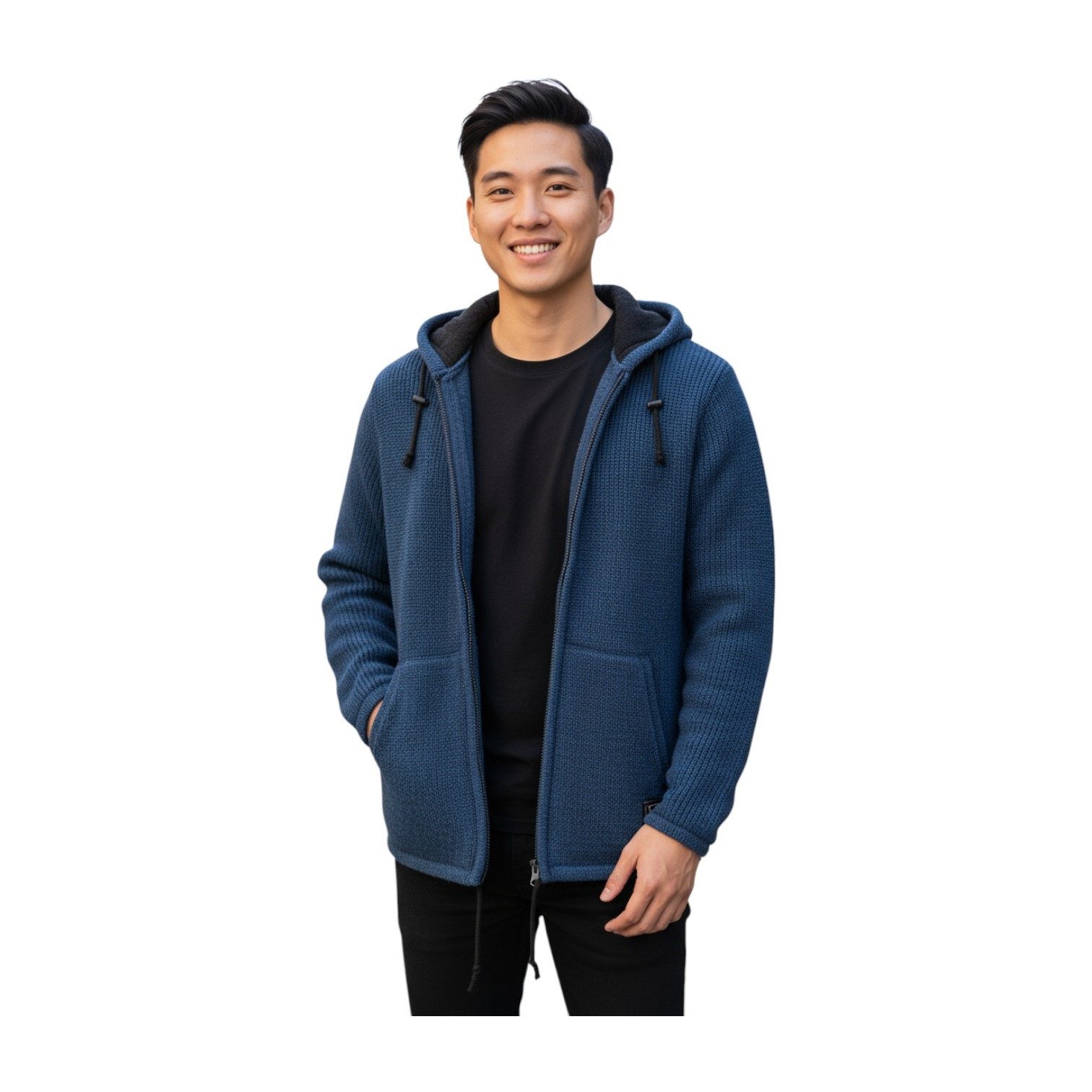 THC Natural Line Strickjacke THC Schafwollstrickjacke blau 625 (1 Stück, 1-tlg., 1 Stück) abnehmbare Kapuze