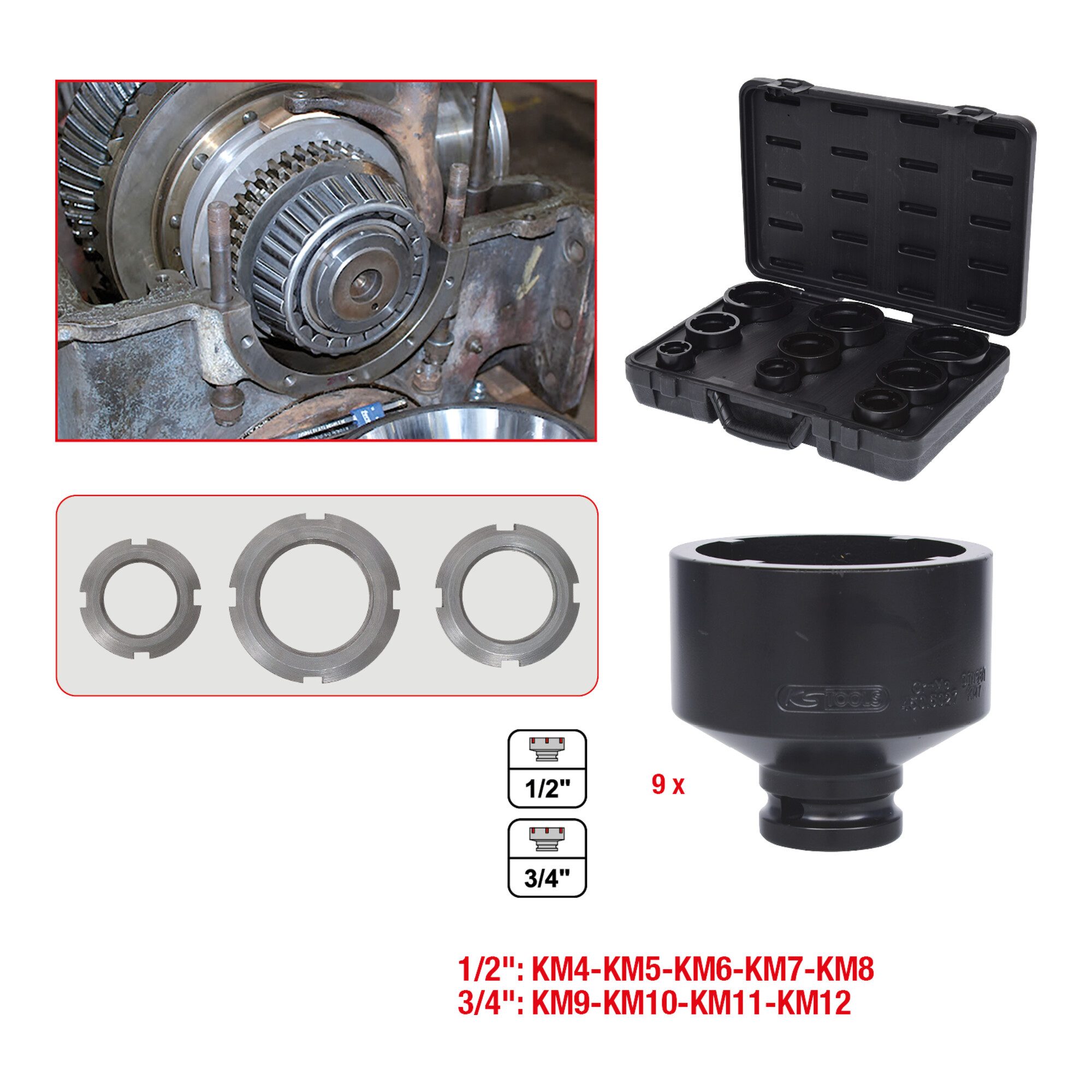 KS Tools CEE-Kupplung KS Tools Nutmuttern-Schlüssel-Satz, Zapfen innen liegend, 9-tlg.