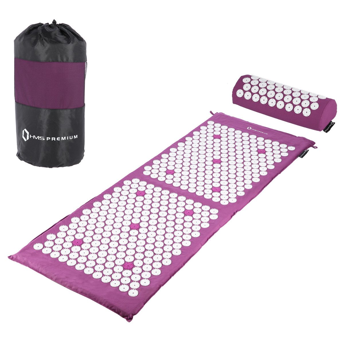 HMS Premium Akupressurmatte Lila Set mit Kissen Akupressur Massagematte Akupunktur Therapiematte, über 15000 Massagepunkte, Matte: 125x48cm, Kissen: 38x15cm