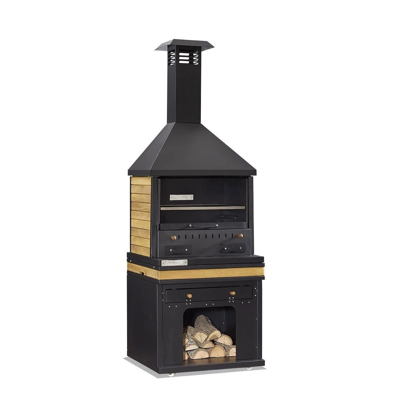 Xlmoebel Holzkohlegrill Schwarzer Grillkamin aus Holz und Edelstahl für Terrasse, Made in Europa