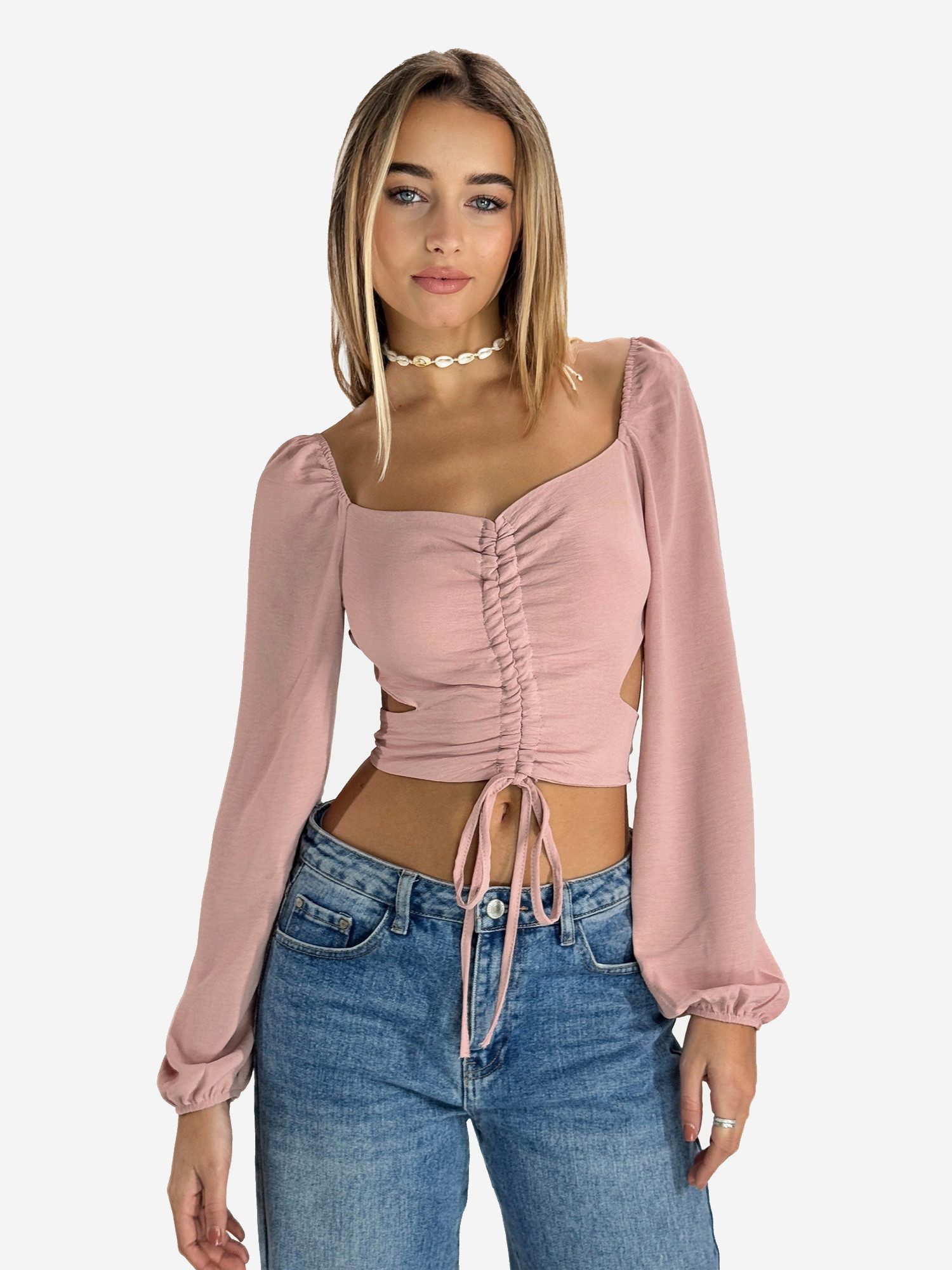 Elara Blusentop Damen Crop Bluse mit Raffungen – Figurbetontes Langarm Oberteil