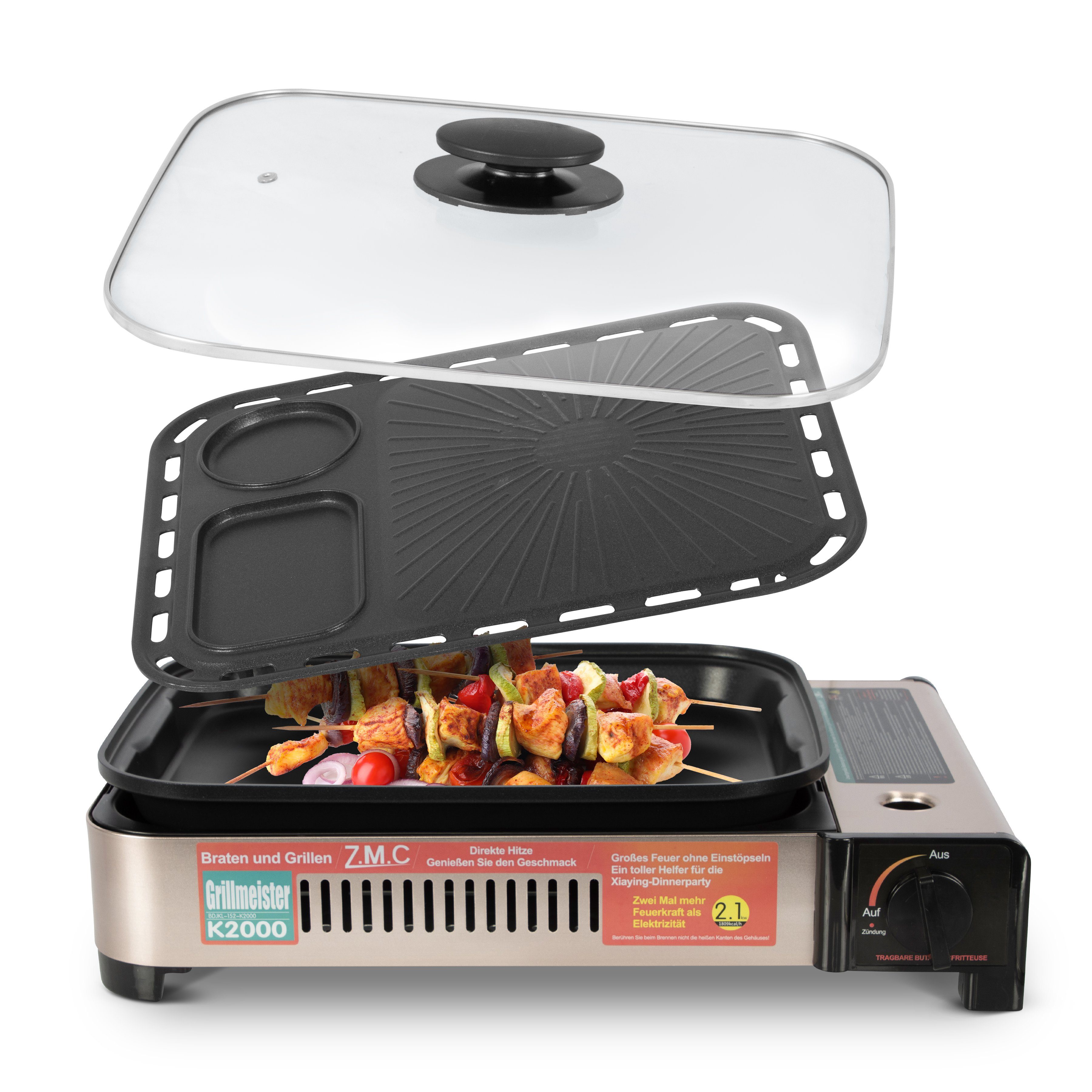 ZMC Gaskocher 2in1 Gas Grillpfanne+Transportkoffer Kocher Grillplatte Kochfeld), Herd (Gaskocher Gasgrill Camping Kocher Outdoor Outdoor Tischgrill 2.1KW Campingkocher Camping, Tragbarer