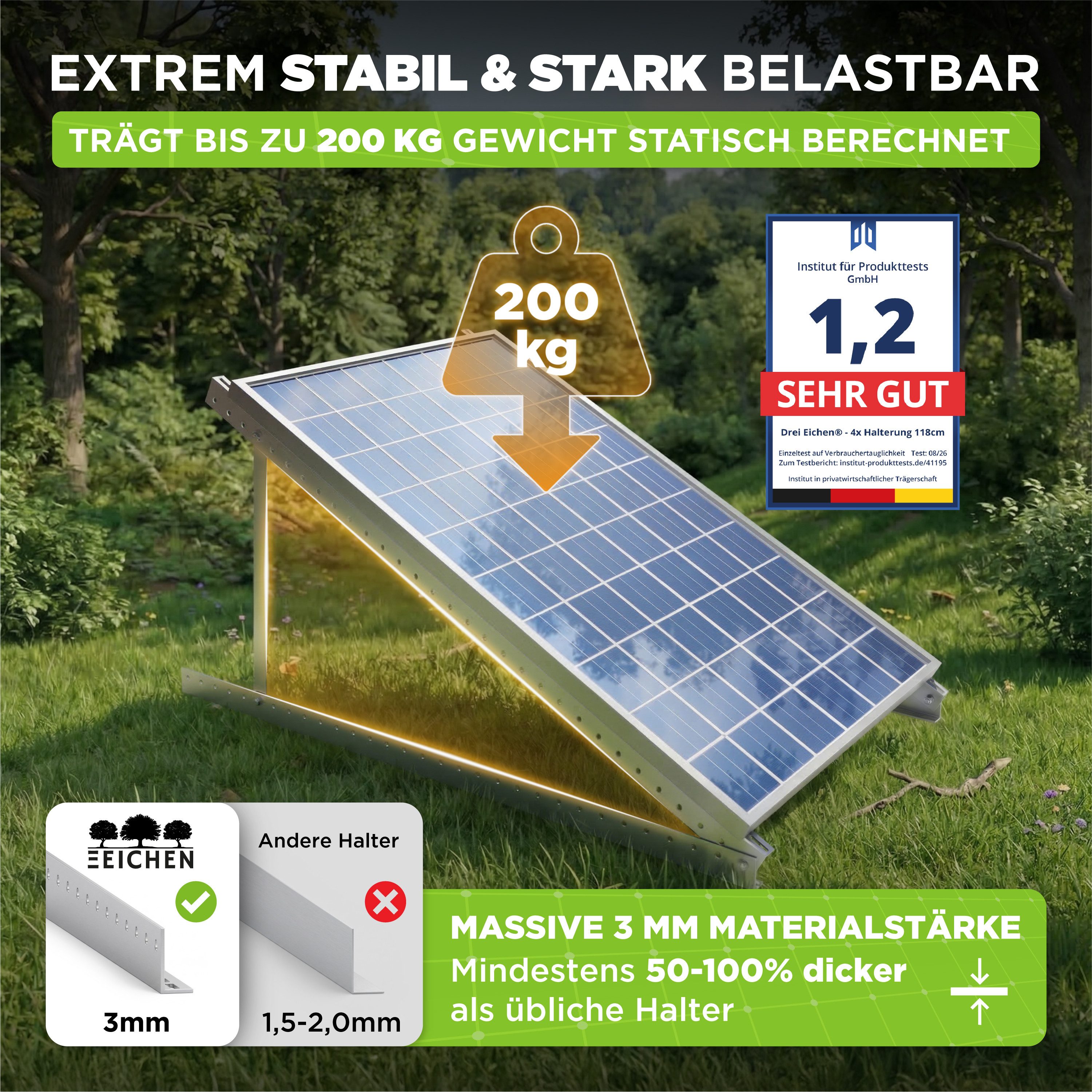 Drei Eichen Solarmodul-Halterung Balkonkraftwerk 118cm 3mm Stark. 2x Solarmodule. Wand Balkon Flachdach, (Für 2 Stück Photovoltaikmodule, Länge 118cm - Stärke 3 – Bild 2 von 5