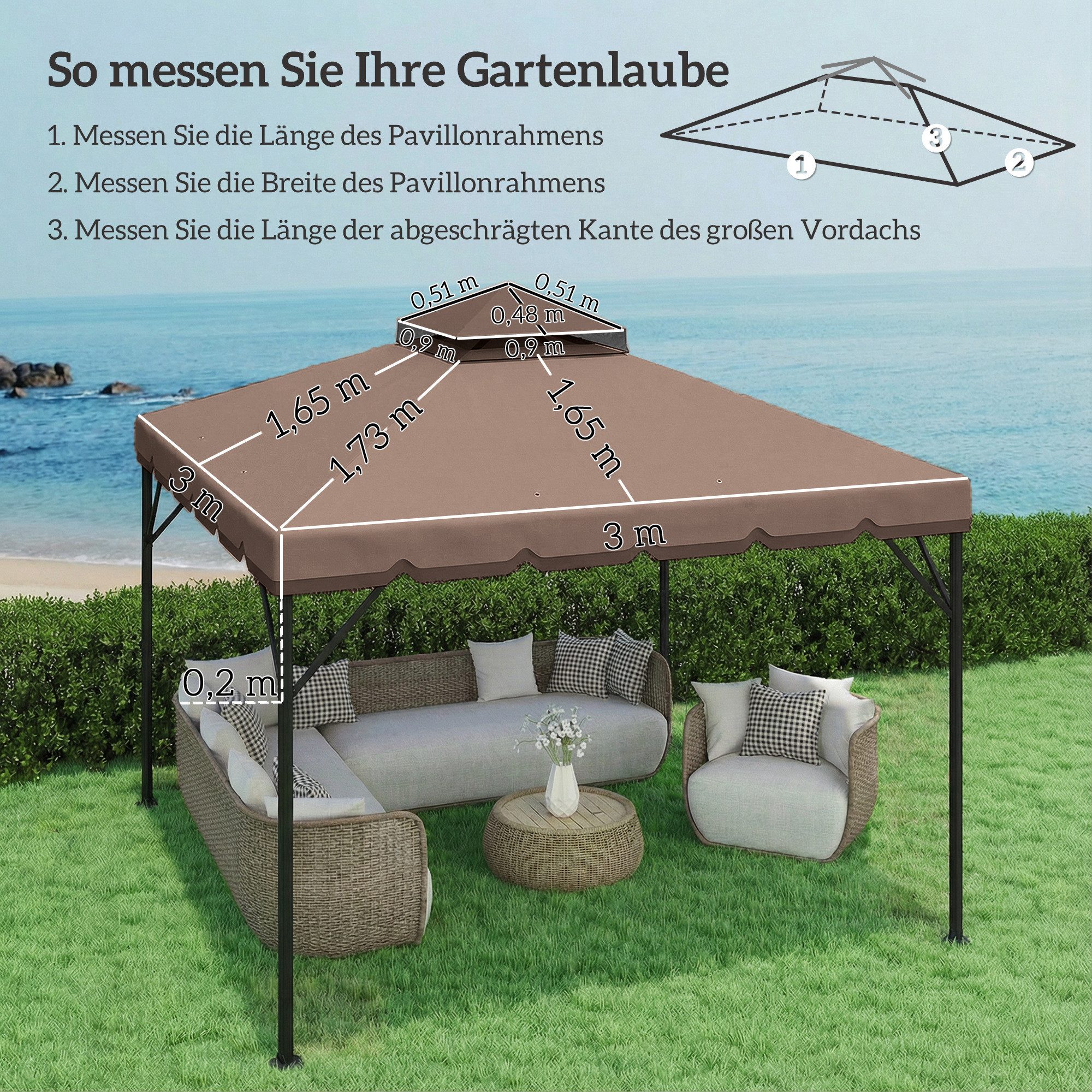 Outsunny Pavillon-Ersatzdach Gartenpavillon Ersatzteile, wasserabweisend, mit Doppeldach, 180 g/m², 300 x 300 cm (Pavillondach, Ersatzbezug), Khaki, UV-Schutz, wasserabweisend