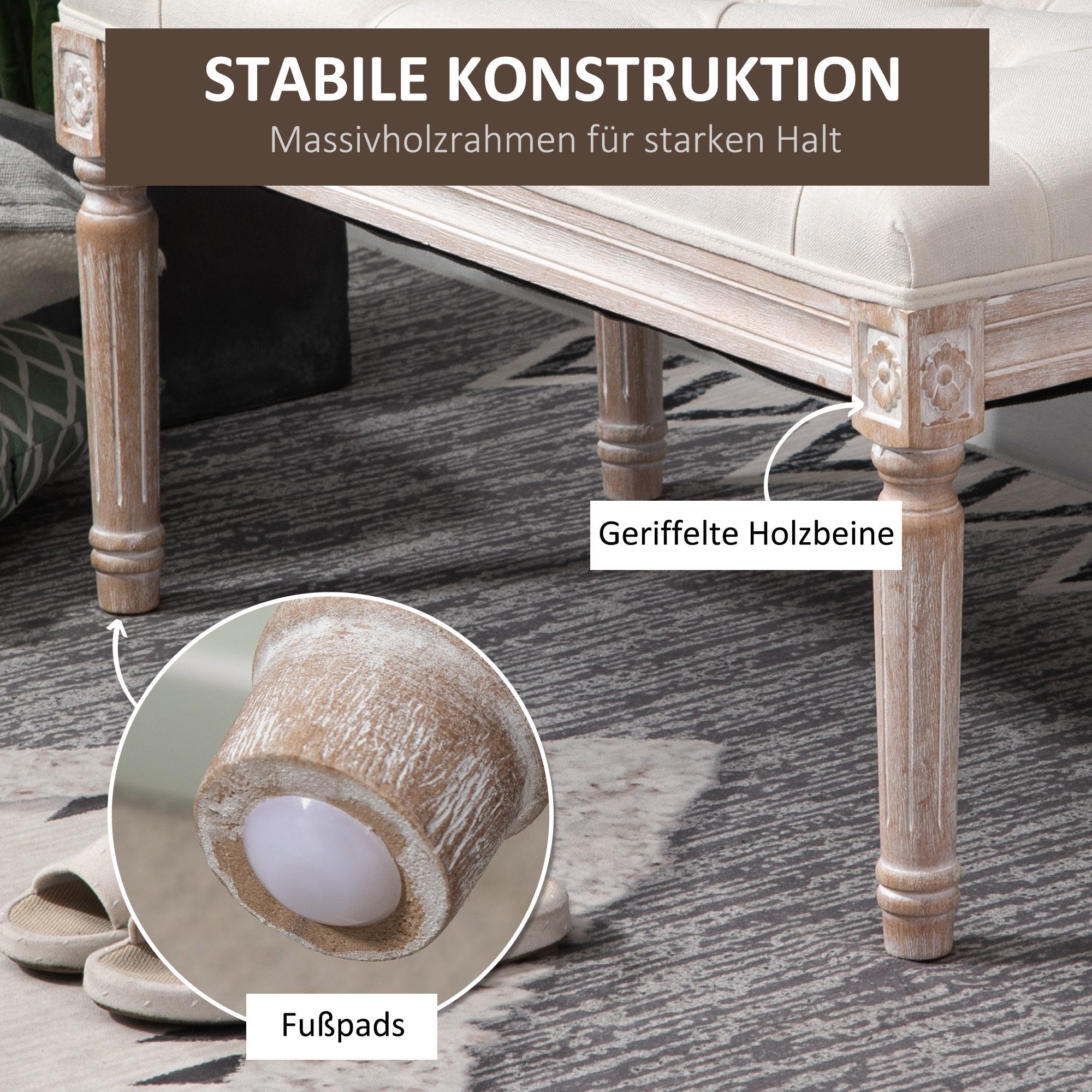 HOMCOM Fußhocker Polsterbank mit Leinenoptik, Holzbein, Ottomane (Sitzhocker, 1 St., Polsterhocker), für Wohnzimmer, Schlafzimmer, Cremeweß – Bild 5 von 5