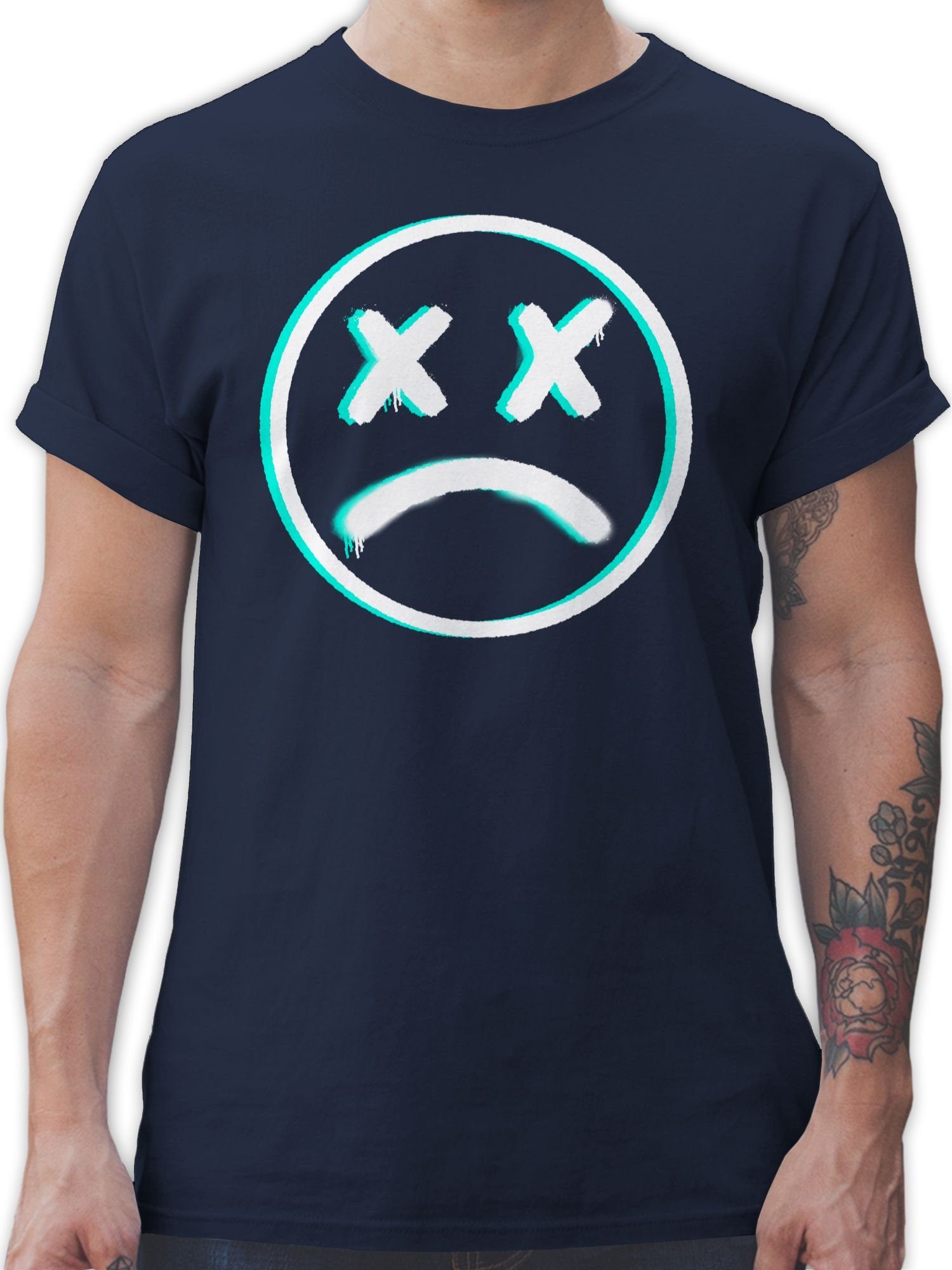 Face Geschenke Blau Trauriges Glitch T-Shirt Nerd 02 Smiley Shirtracer Navy