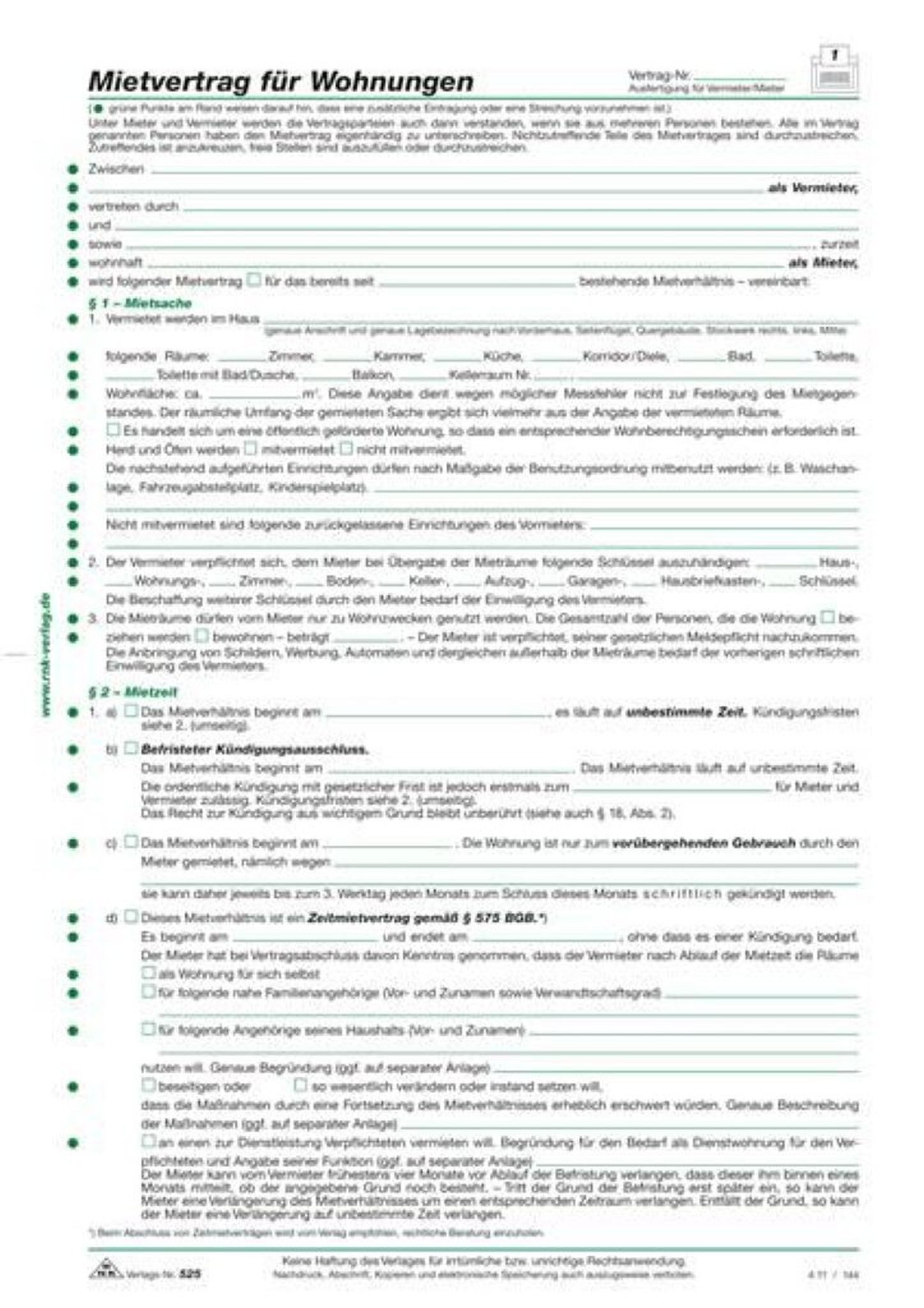 RNK Formularblock RNK Mietvertrag Wohnung A4 8 Seiten 10St