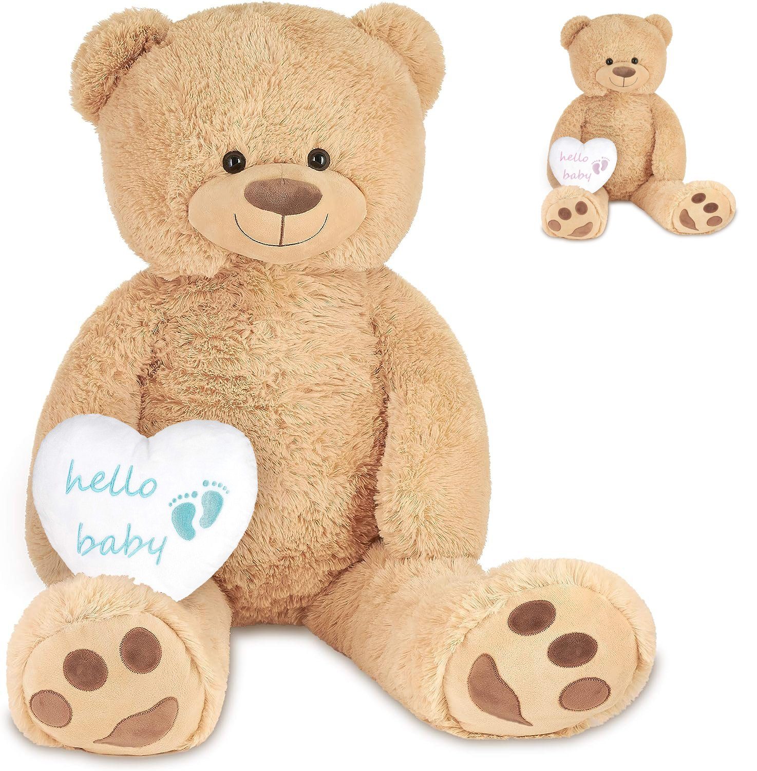 BRUBAKER Kuscheltier XXL Teddybär Beige 100 cm mit Hello Baby Herz ( Stofftier Plüschtier, 1-St), Kuscheltier Geschenk für Geburt, Babyparty,  Gender Reveal