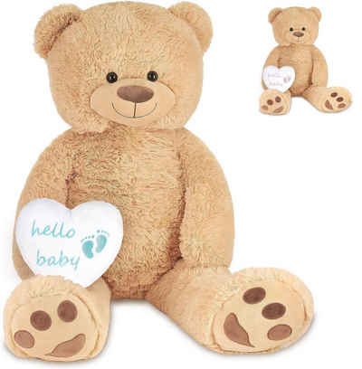 BRUBAKER Kuscheltier XXL Teddybär Beige 100 cm mit Hello Baby Herz (Stofftier Plüschtier, 1-St), Kuscheltier Geschenk für Geburt, Babyparty, Gender Reveal
