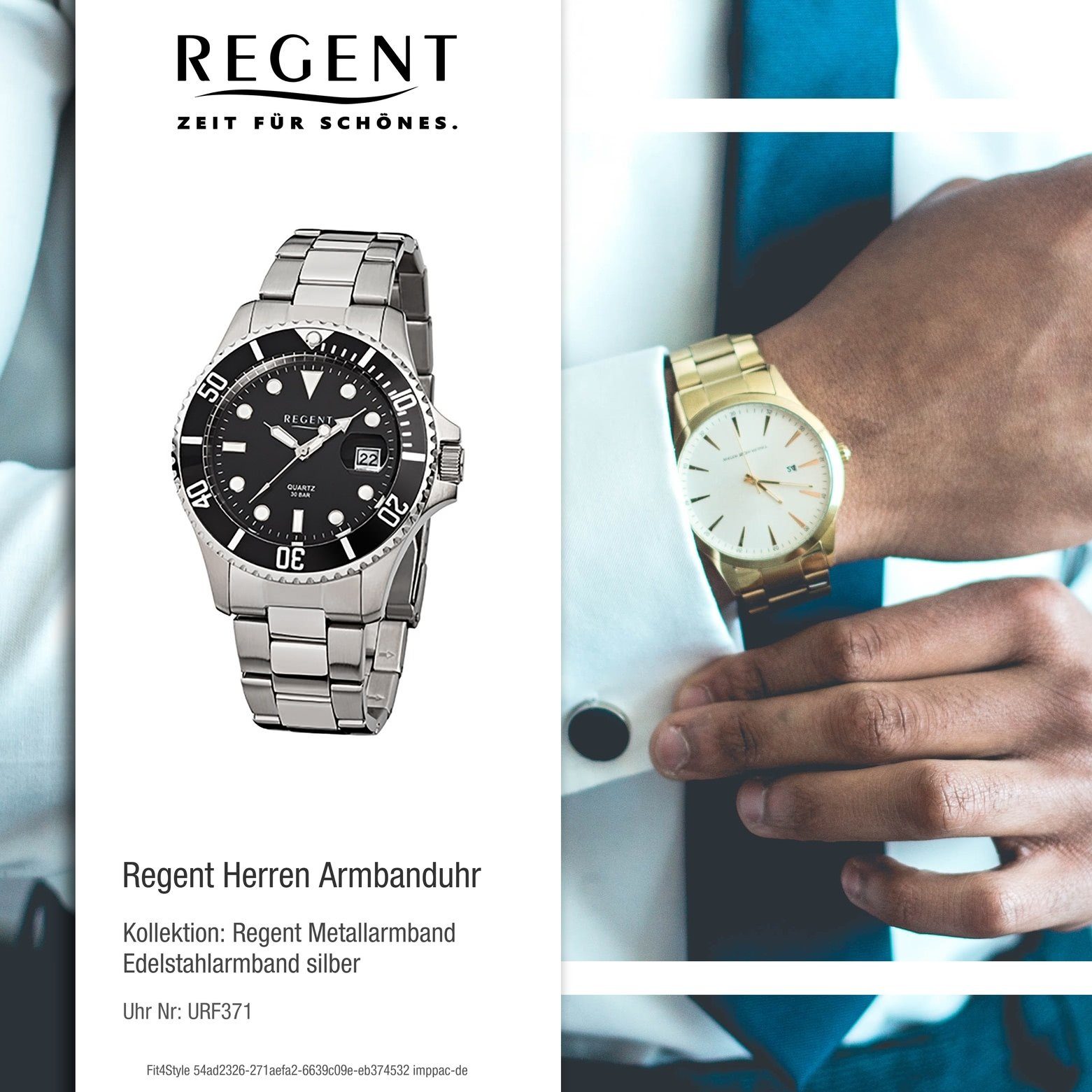 Quarzuhr Regent Edelstahlarmband rund, groß Armbanduhr Analog, Herren silber Herren-Armbanduhr (ca. 40mm), Regent