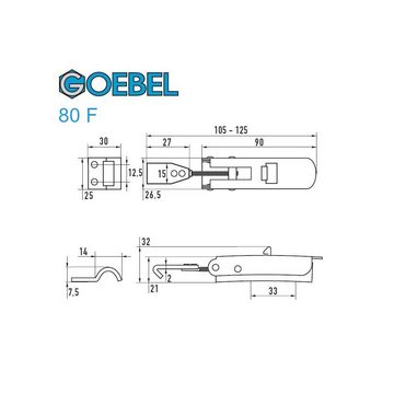 GOEBEL GmbH Kastenriegelschloss 5588544800, (10 Stück- Schnellverschluss mit Federsicherung 80F Kappenschloss, 10-tlg., Kistenverschluss - Kofferverschluss - Hebel Verschluss), gewölbter Grundtplatte inkl. Gegenhaken Edelstahl A2(V2A)