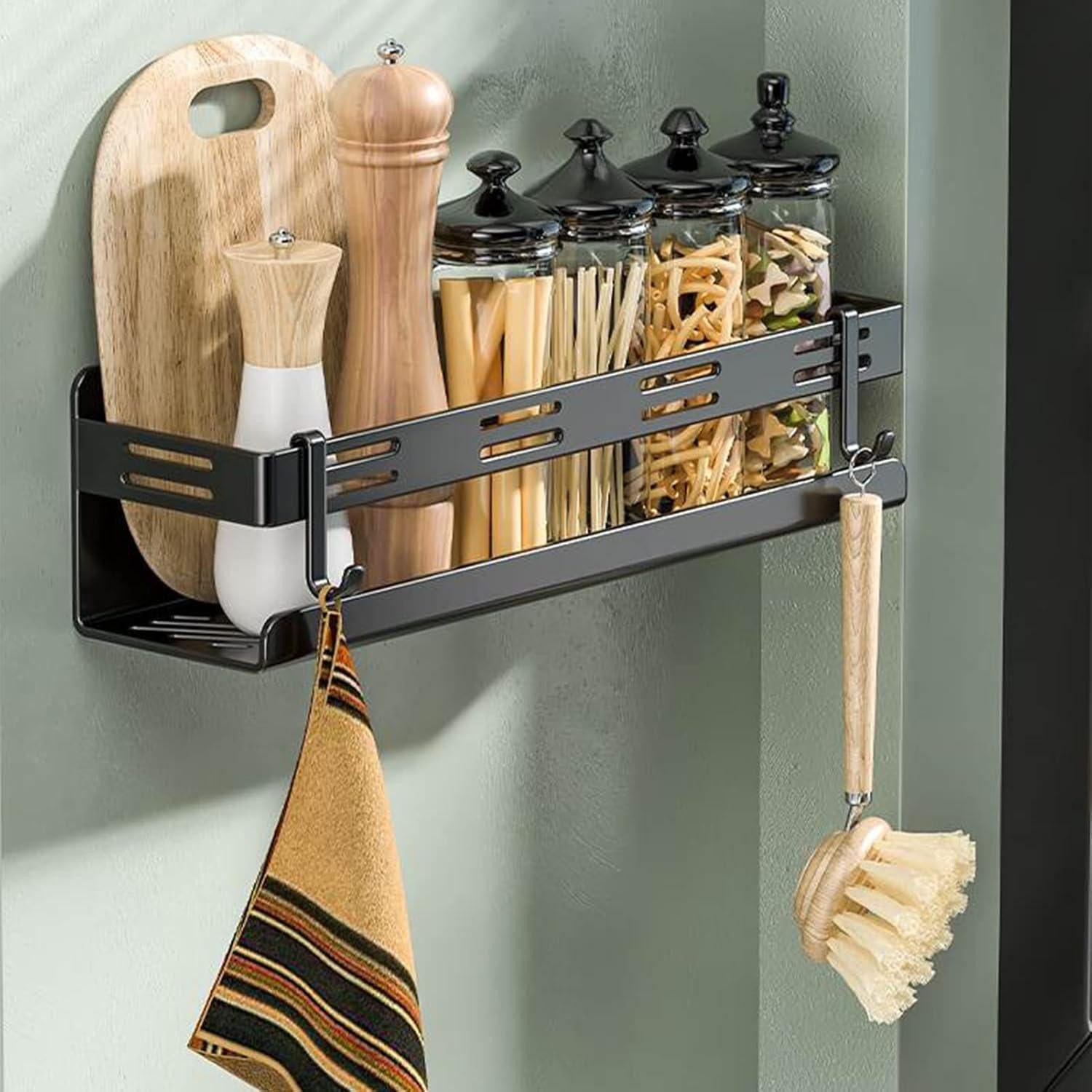 CZKDTT Gewürzregal Gewürzregal Selbstklebend Küchenregal ohne Bohren Hängend Schwarz 40cm