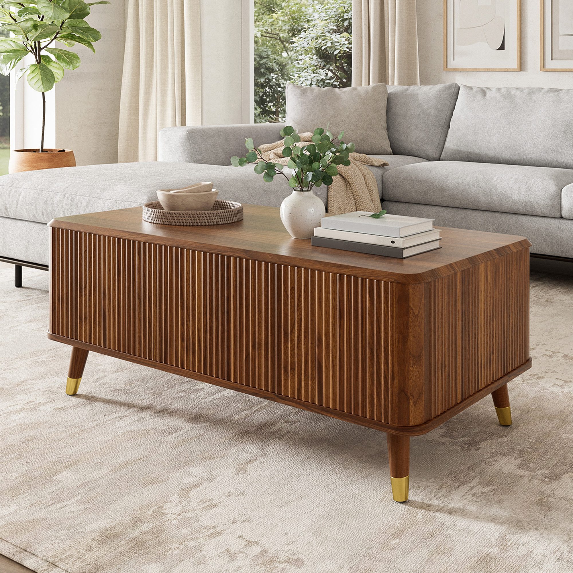MODFU Couchtisch 97x56,5x52 cm Retro-Couchtisch in Walnuss-Optik mit Wellendesign (Packung, 1-St., Höhenverstellbar & großer Stauraum integriert), Stabile Holzbeine, vielseitig für Wohnzimmer & Lounge