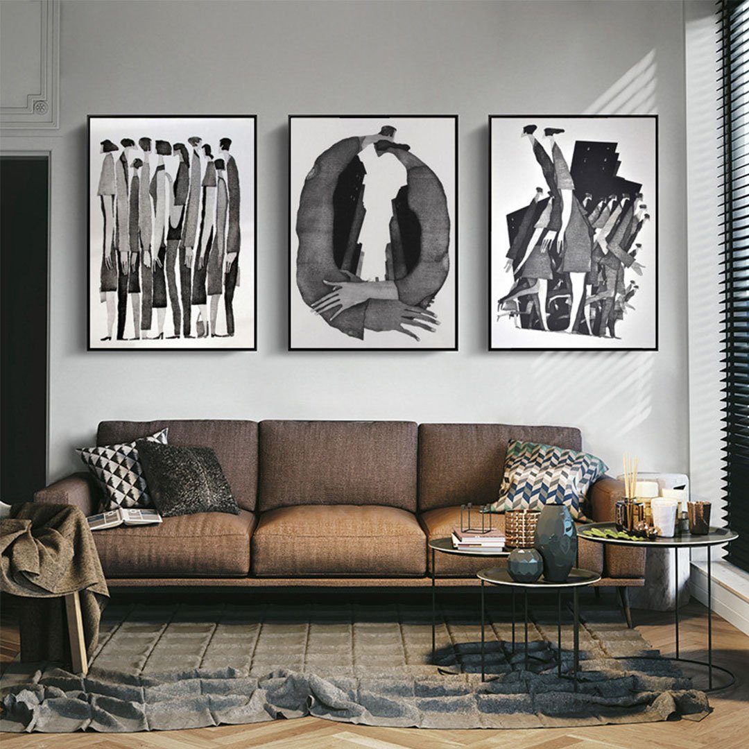 L.Ru UG Kunstdruck Schwarz-weißer Strichzeichnungscharakter, abstrakter Malereikern, (3 St), Wohnzimmer Hintergrund Wanddekoration Malerei Bildkern