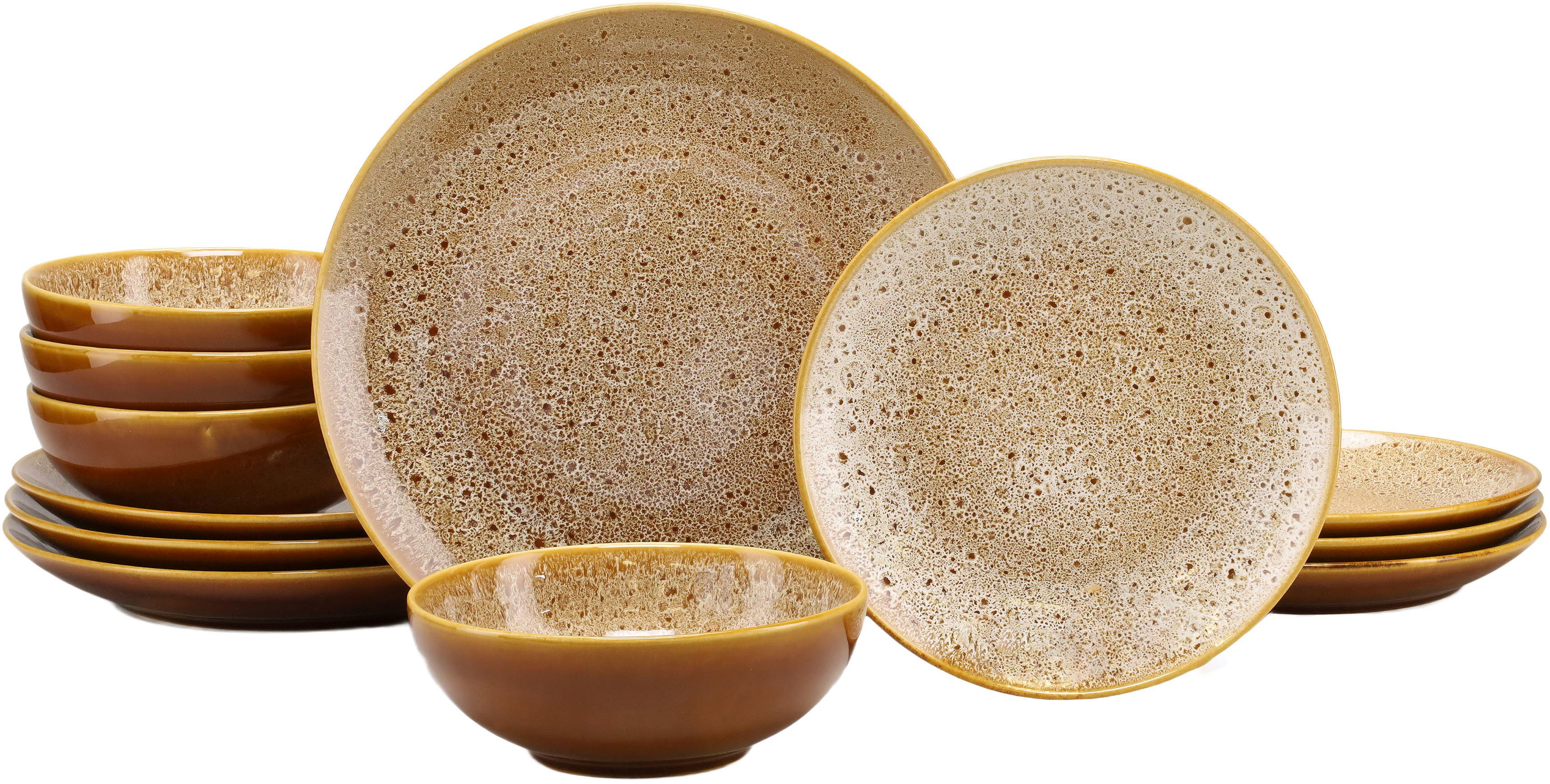 CreaTable Tafelservice Teller Set, Geschirr-Set Reactive Nostalgic (12-tlg), 4 Personen, Steinzeug, Service, jedes Stück ist ein Unikat, 12 Teile, für 4 Personen