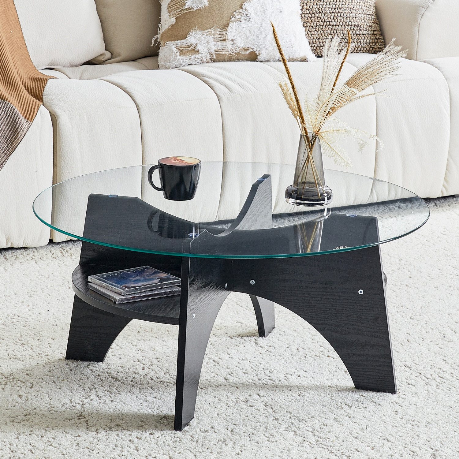 Couchtisch runder Beistelltisch, Wohnzimmertische Tischplatte aus Glas