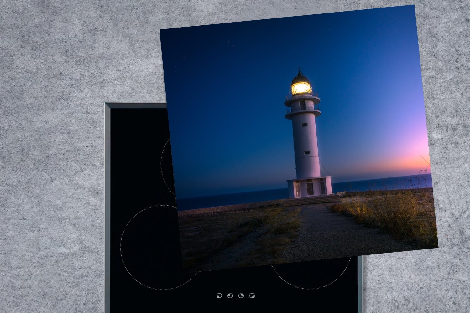 tlg), Meer, Vinyl, Strand (1 Leuchtturm cm, MuchoWow Arbeitsplatte - Herdblende-/Abdeckplatte für 78x78 - küche Ceranfeldabdeckung,