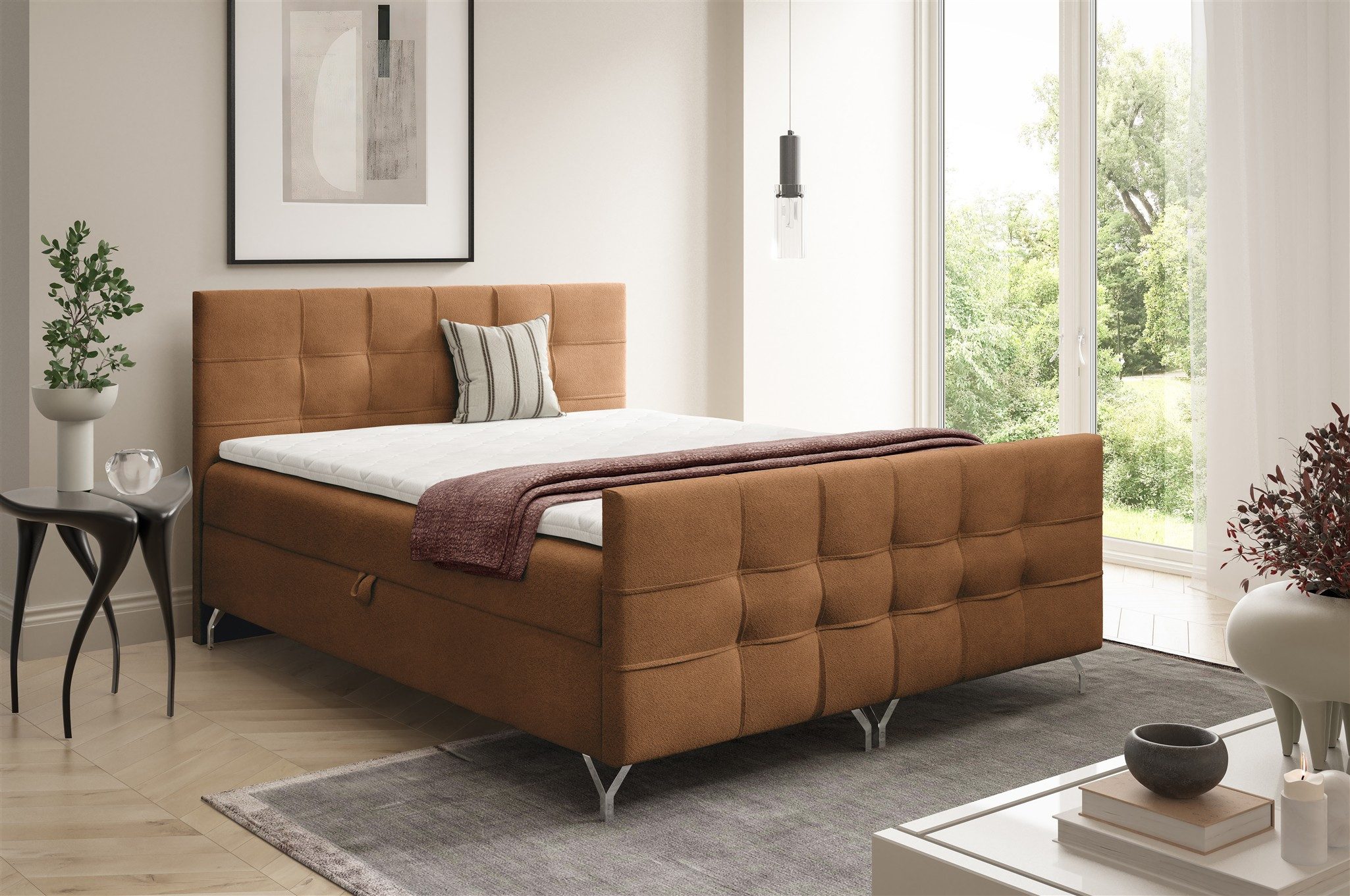 Fun Möbel Boxbett Schlafzimmerbett PERLA PREMIUM Überlänge in Strukturstoff Coral (mit Taschenfederkernmatratzen, auch mit Bonellfederkernmatratze erhältlich), mit gepolstertem Fußteil und Bettkästen