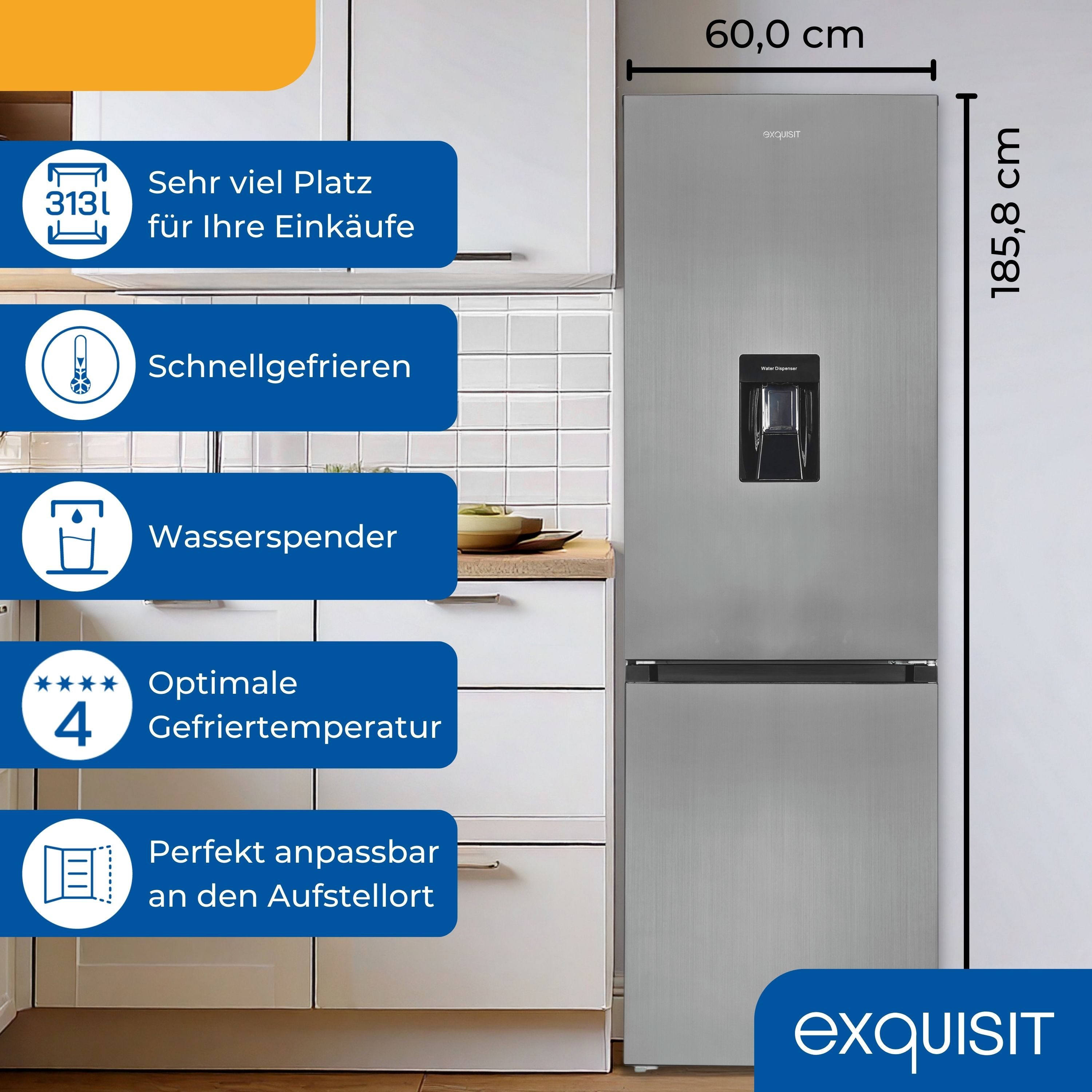 exquisit Kühl-/Gefrierkombination KGC5320-95-E-WS-040C, 185.8 cm hoch, 60 cm breit, Kühlschrank mit Wasserspender, 4-Sterne-Gefrieren, Alarm-Funktion