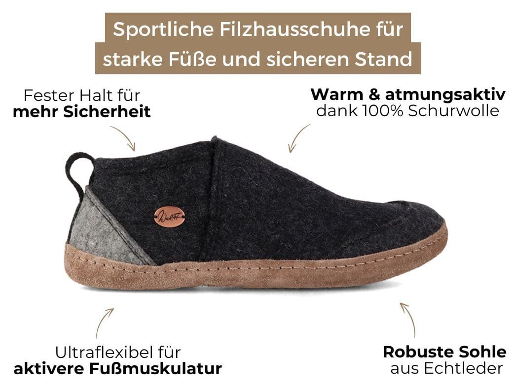 WoolFit Homeoffice Hausschuhe Taiga Hausschuh mit vegetabiler Ledersohle