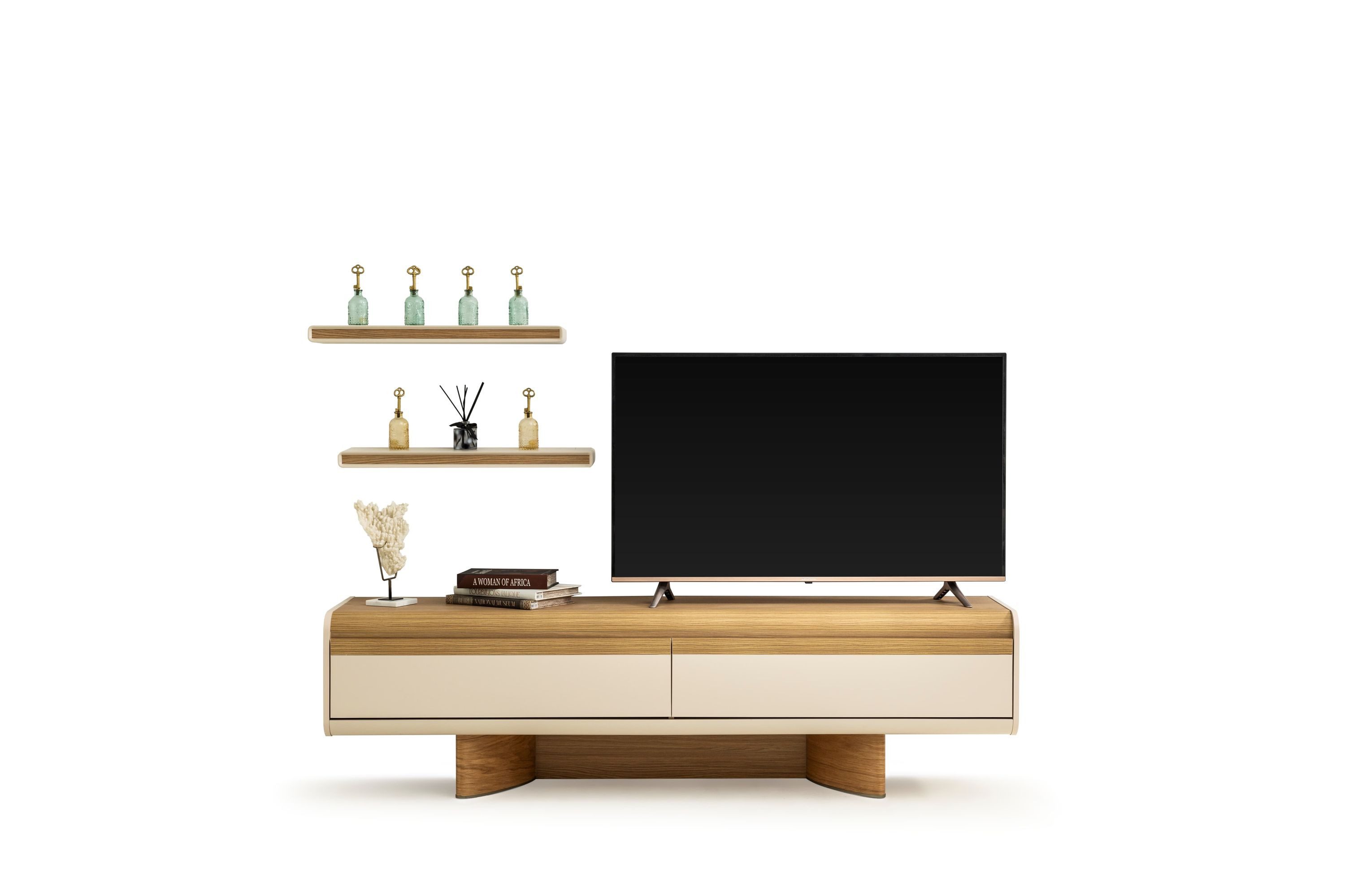 Villa Möbel TV-Wand Aura, (TV Möbel, 2-St., Lowboard und Wandregal), TV Board mit Wandboards und ruhiger Holzoptik für den Medienplatz