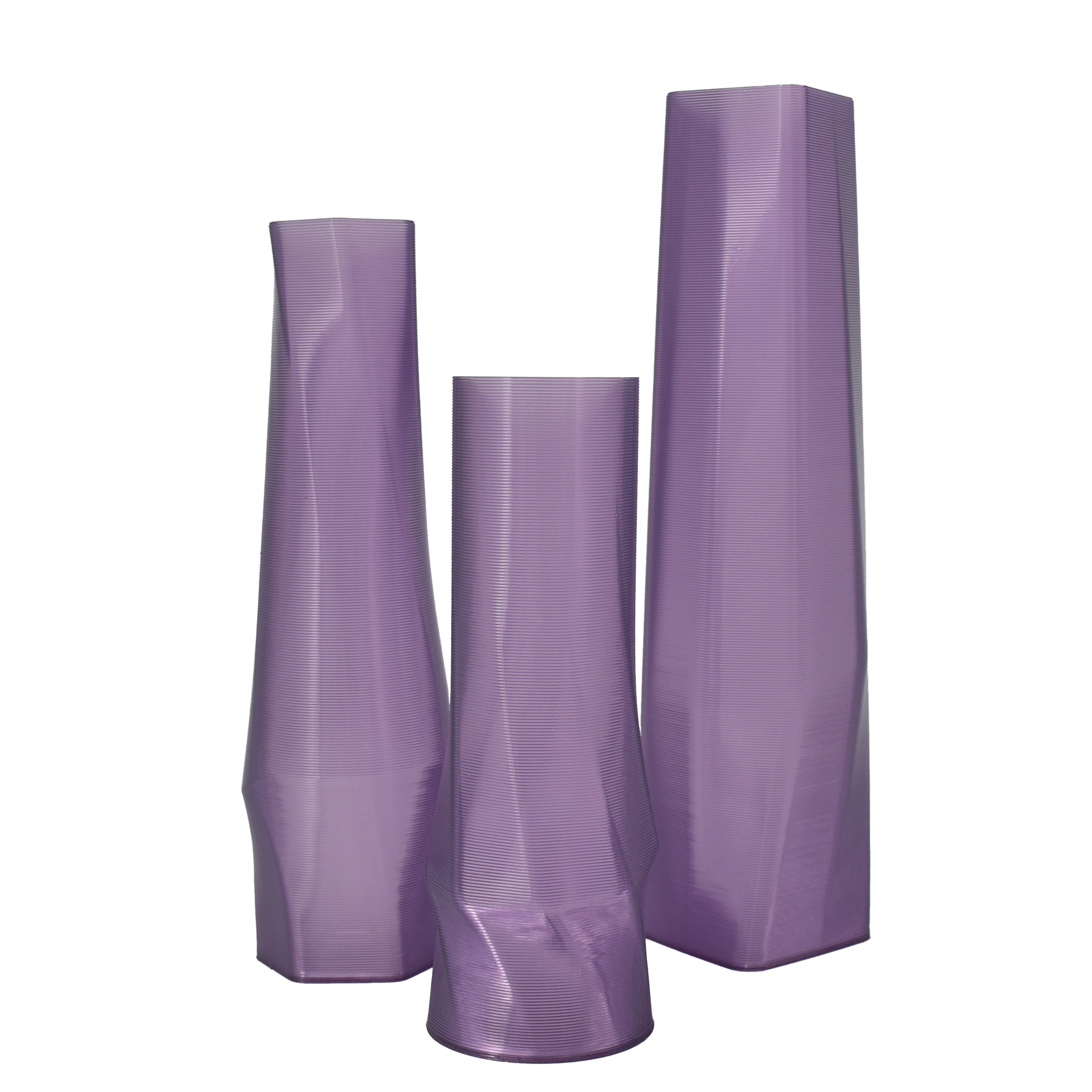 Shapes - Decorations Dekovase geometrio. (deco), 3D Vasen, 3er Set, 3D Dekovase, 100% 3D-Druck (3er Spar-Set, 3 Vasen in verschiedenen Größen), Durchsichtig; Leichte Struktur innerhalb des Materials (Rillung) Lila