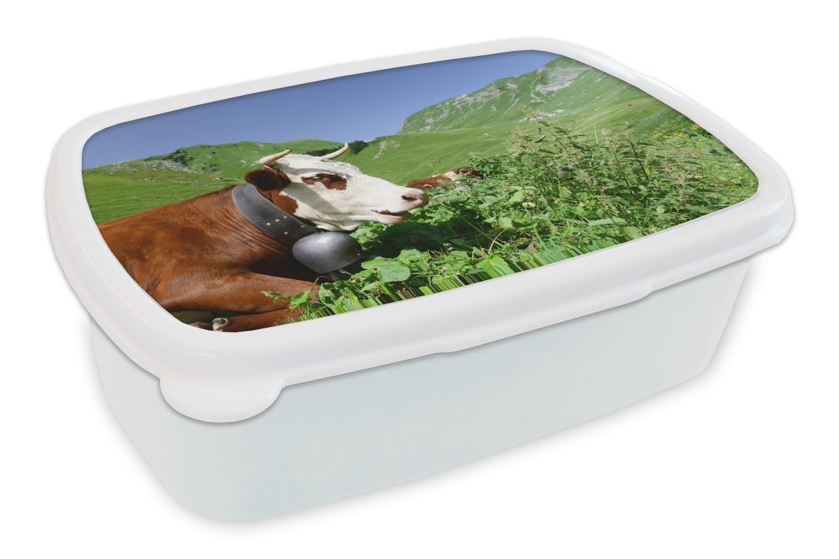 MuchoWow Lunchbox Kuh - Pflanzen - Berg, Kunststoff, (2-tlg), Brotbox für Kinder und Erwachsene, Brotdose, für Jungs und Mädchen weiß