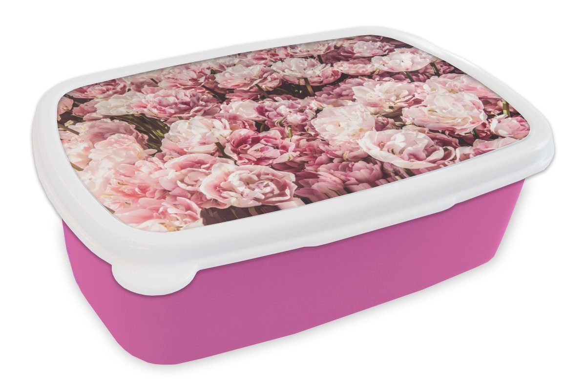 MuchoWow Lunchbox Blumen - Natur - Rosa, Kunststoff, (2-tlg), Brotbox für Erwachsene, Brotdose Kinder, Snackbox, Mädchen, Kunststoff