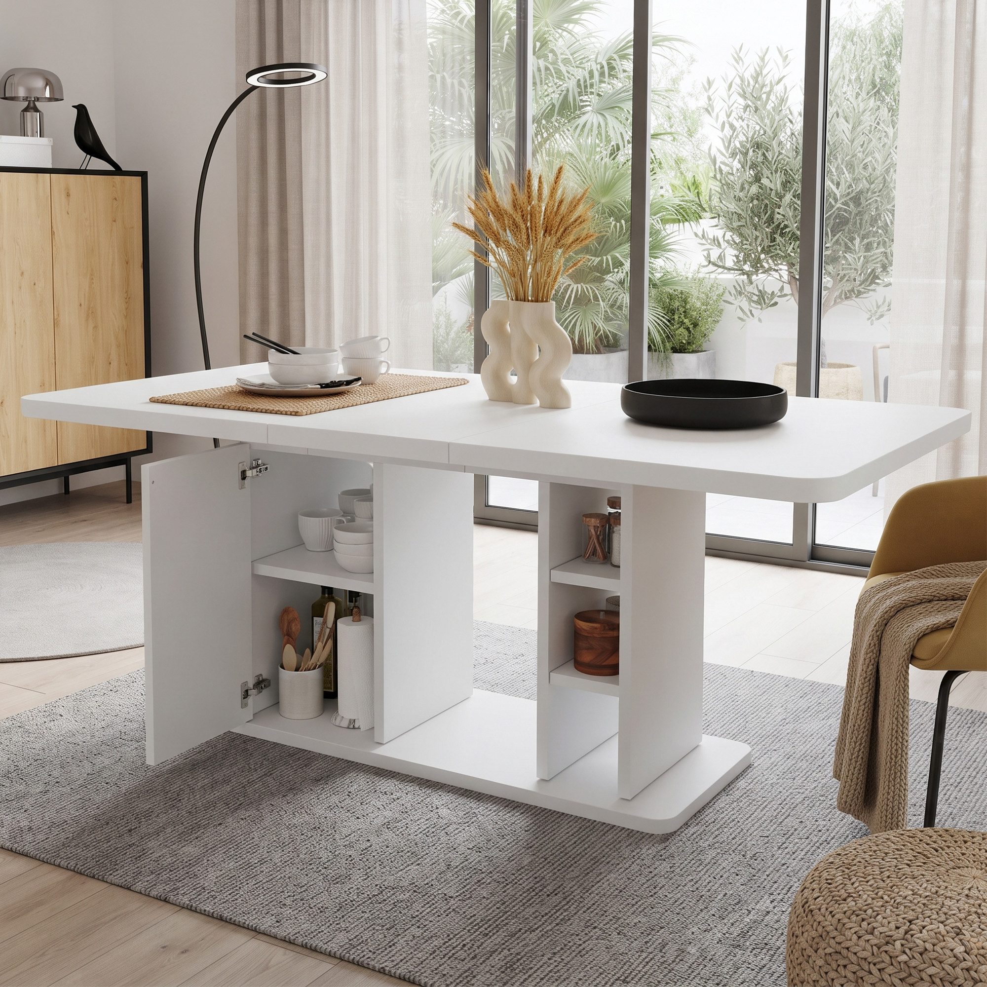 Celya Esstisch Ausziehbarer 140/180 × 80 cm, Mit Stauraum, verdickte Tischplatte (geeignet für 6–8 Personen, Esstisch im skandinavischen Stil), Ideal für Esszimmer, Wohnzimmer und Küche